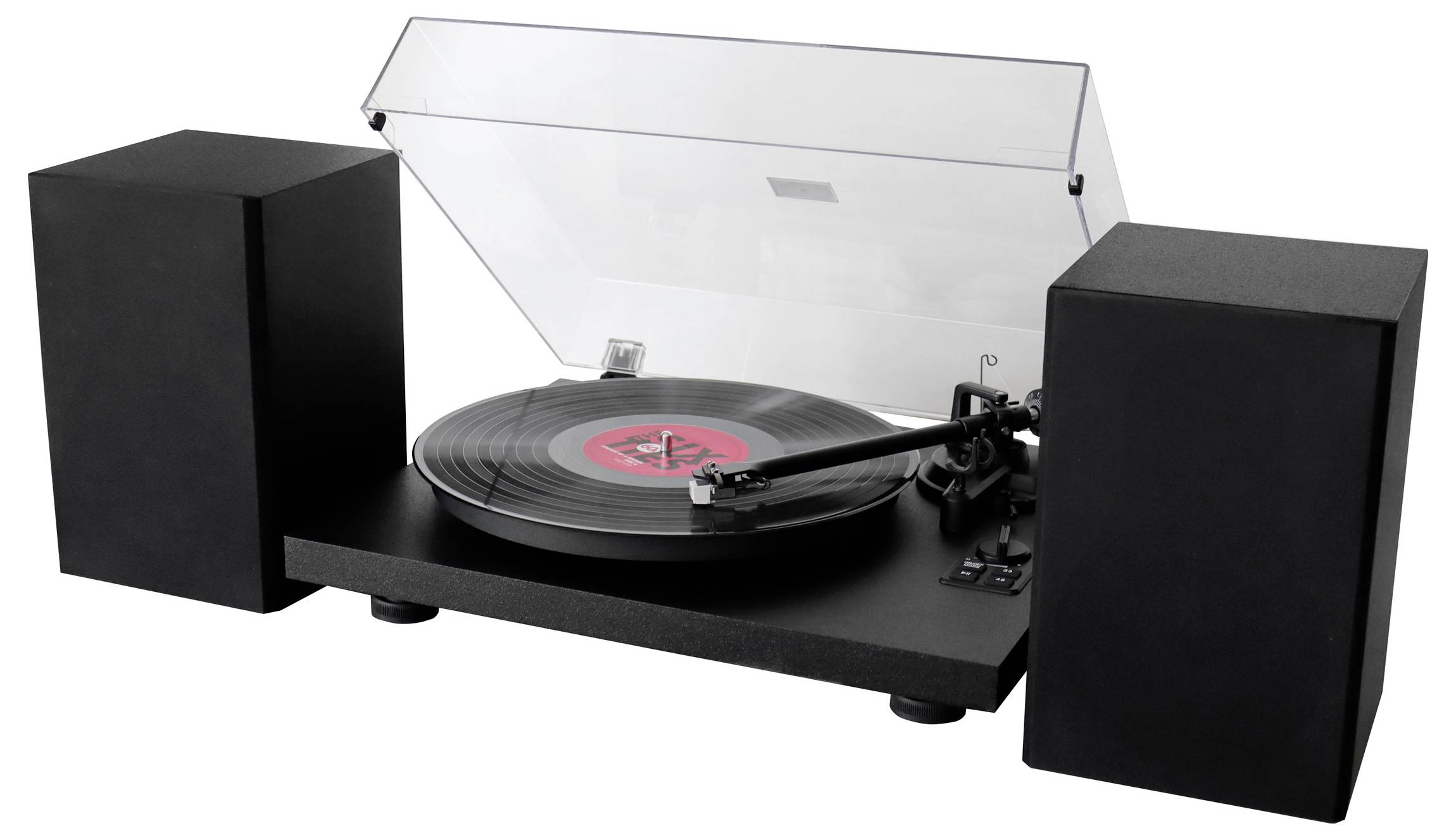 Černý turntable stereo systém s vinylovou deskou, dvěma reproduktory a čirým ochranným krytem otevřeným nahoře