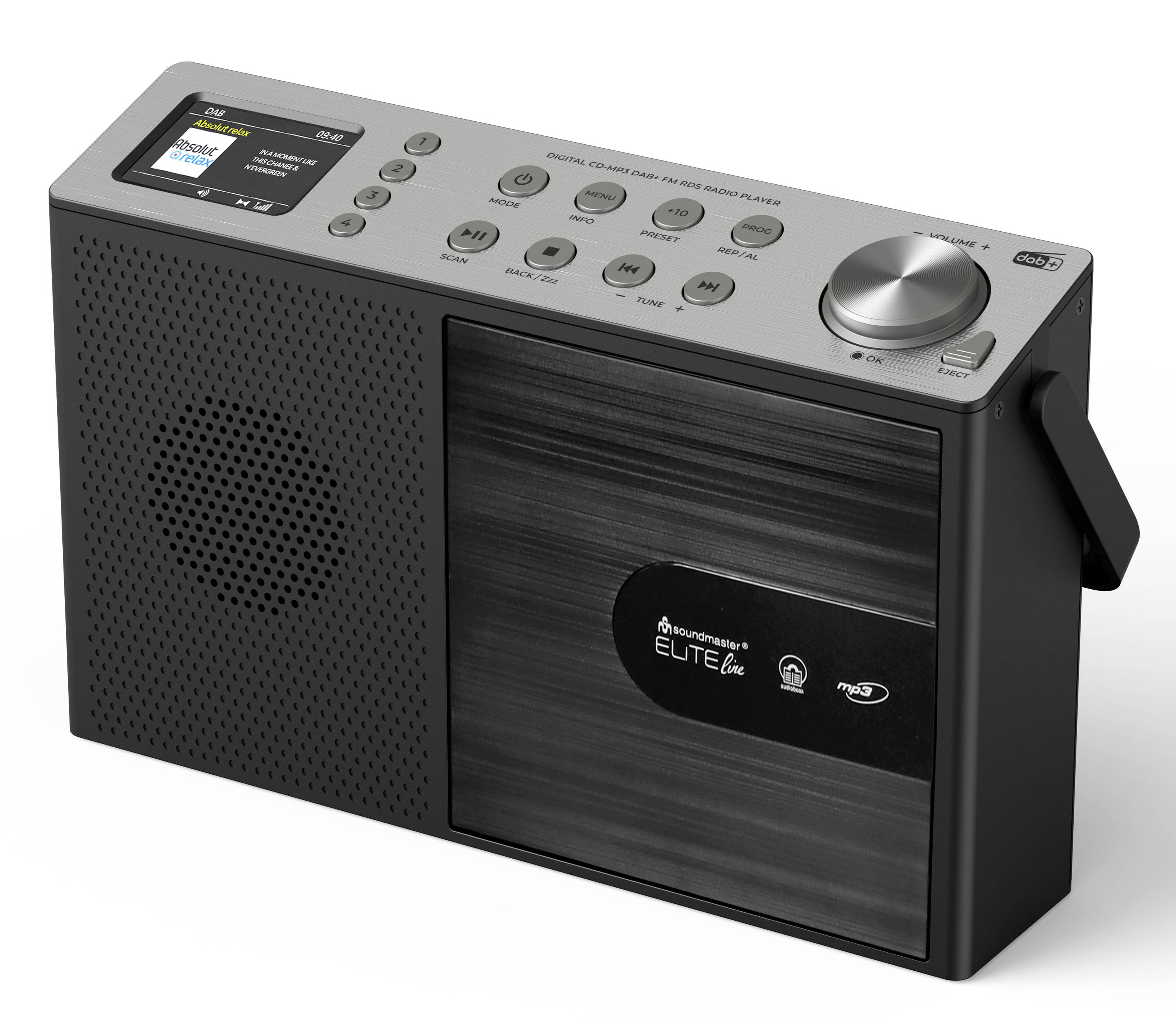 Přenosné černé rádio s mřížkou reproduktoru, LCD displejem, tlačítky a velkým ladicím kolečkem na vrcholu.