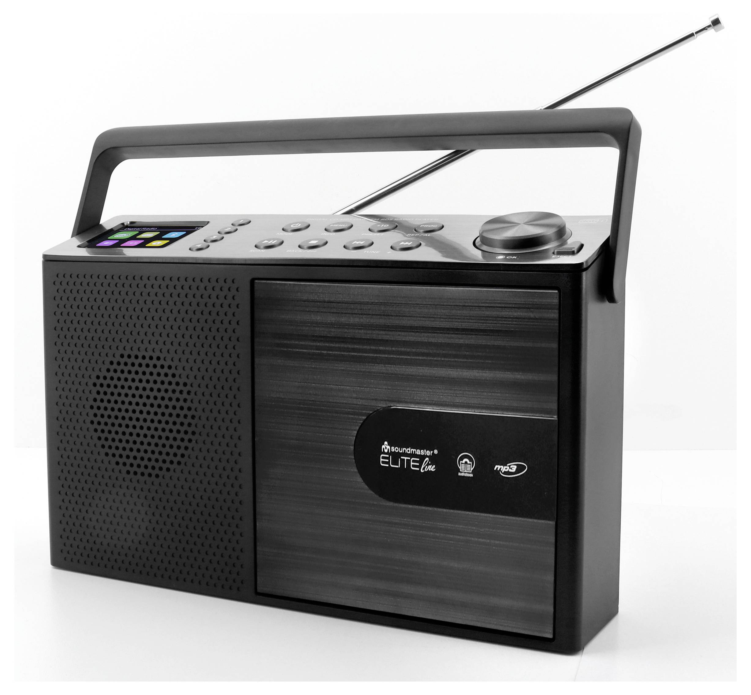 Přenosné černé rádio s rukojetí, anténou, mřížkou reproduktoru, ladicím ciferníkem a ovládacími prvky ve stylu klávesnice na bílém pozadí.