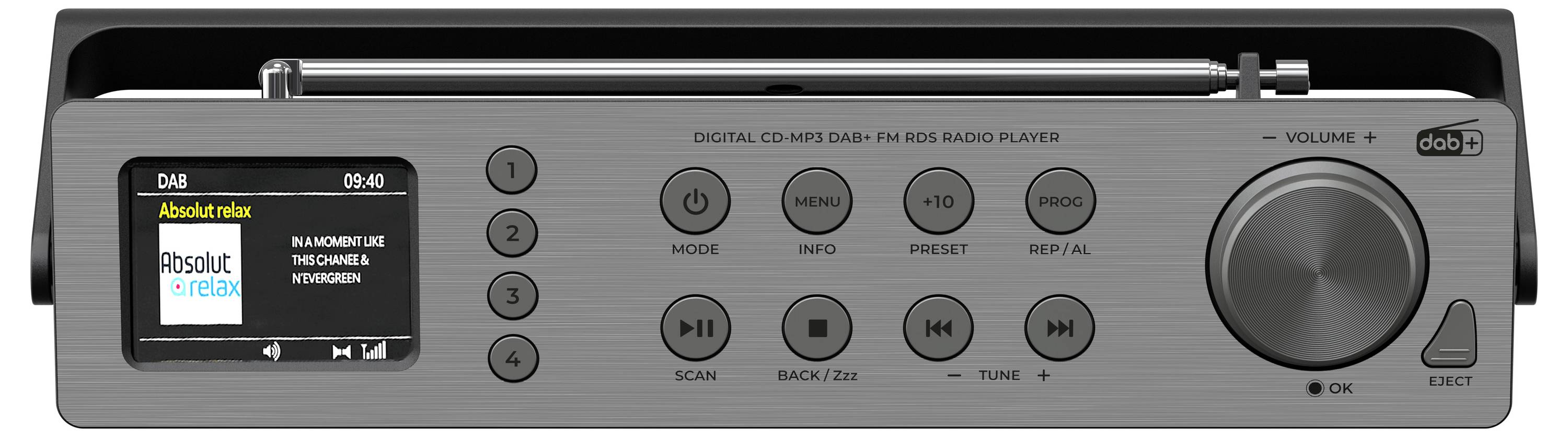 Přední pohled digitálního DAB rádia s CD/MP3 přehrávačem s malým barevným displejem, tlačítky předvoleb, ovládacími prvky přehrávání a velkým knoflíkem pro regulaci hlasitosti.