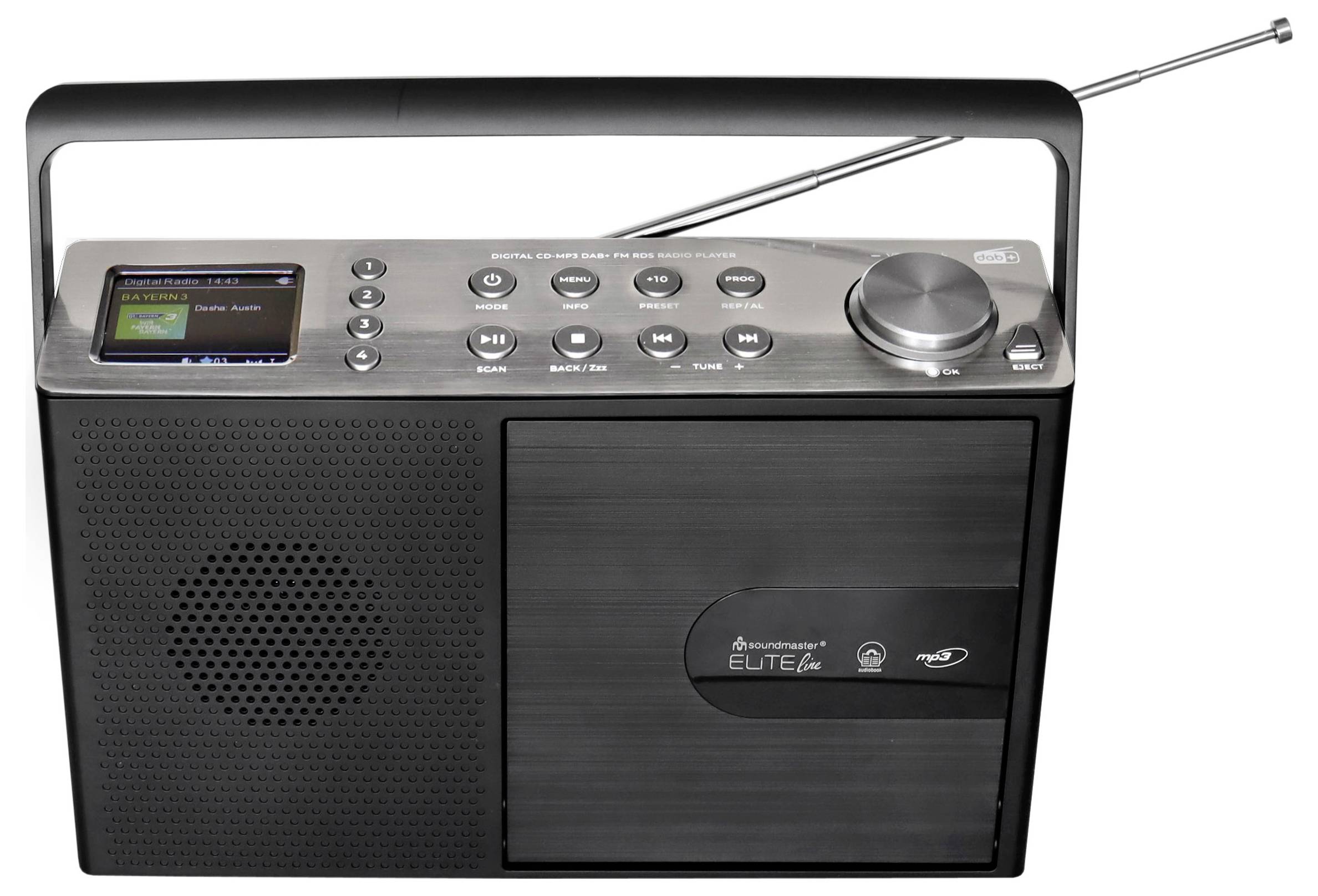 Přenosné černé rádio s rukojetí, anténou, reproduktorovou mřížkou a předními ovládacími prvky, znázorněné na bílém pozadí.