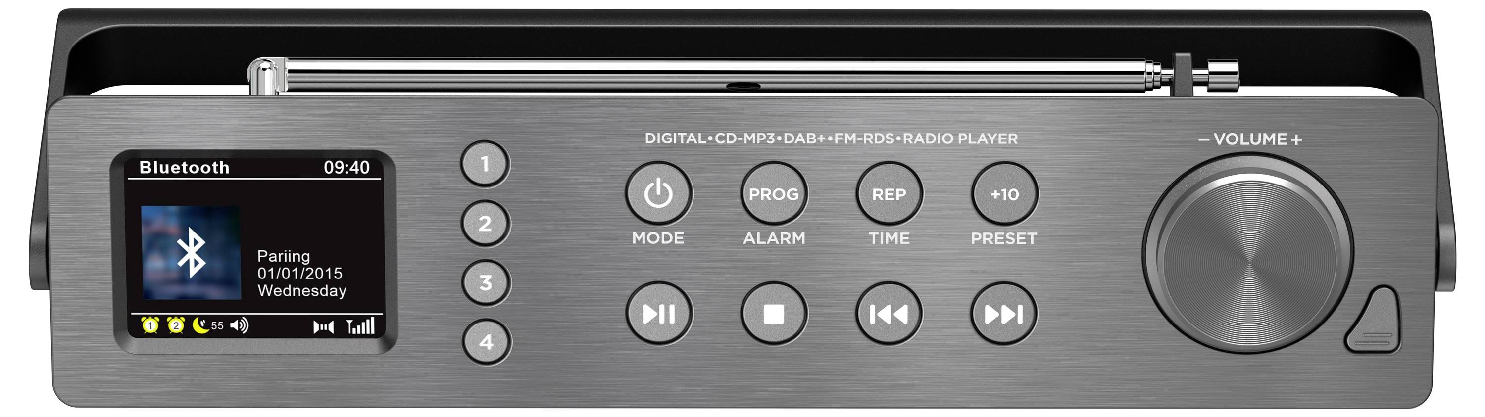 Přední pohled digitálního rádia s Bluetooth displejem zobrazujícím párování, displej ladění, číslované tlačítka předvoleb, ovládací prvky přehrávání a velký ovládací knob hlasitosti.