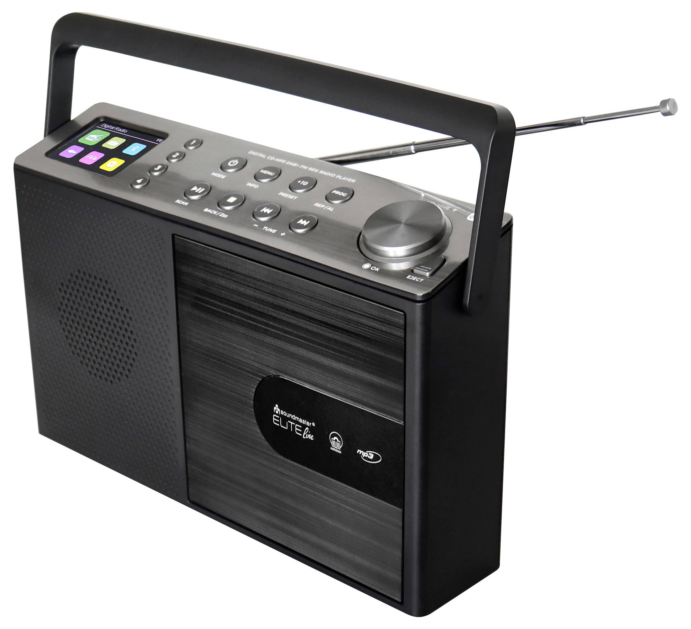 Přenosný černý rádio s rukojetí, anténou, digitálním displejem, tlačítky předvoleb a velkým ladicím knoflíkem na bílém pozadí.