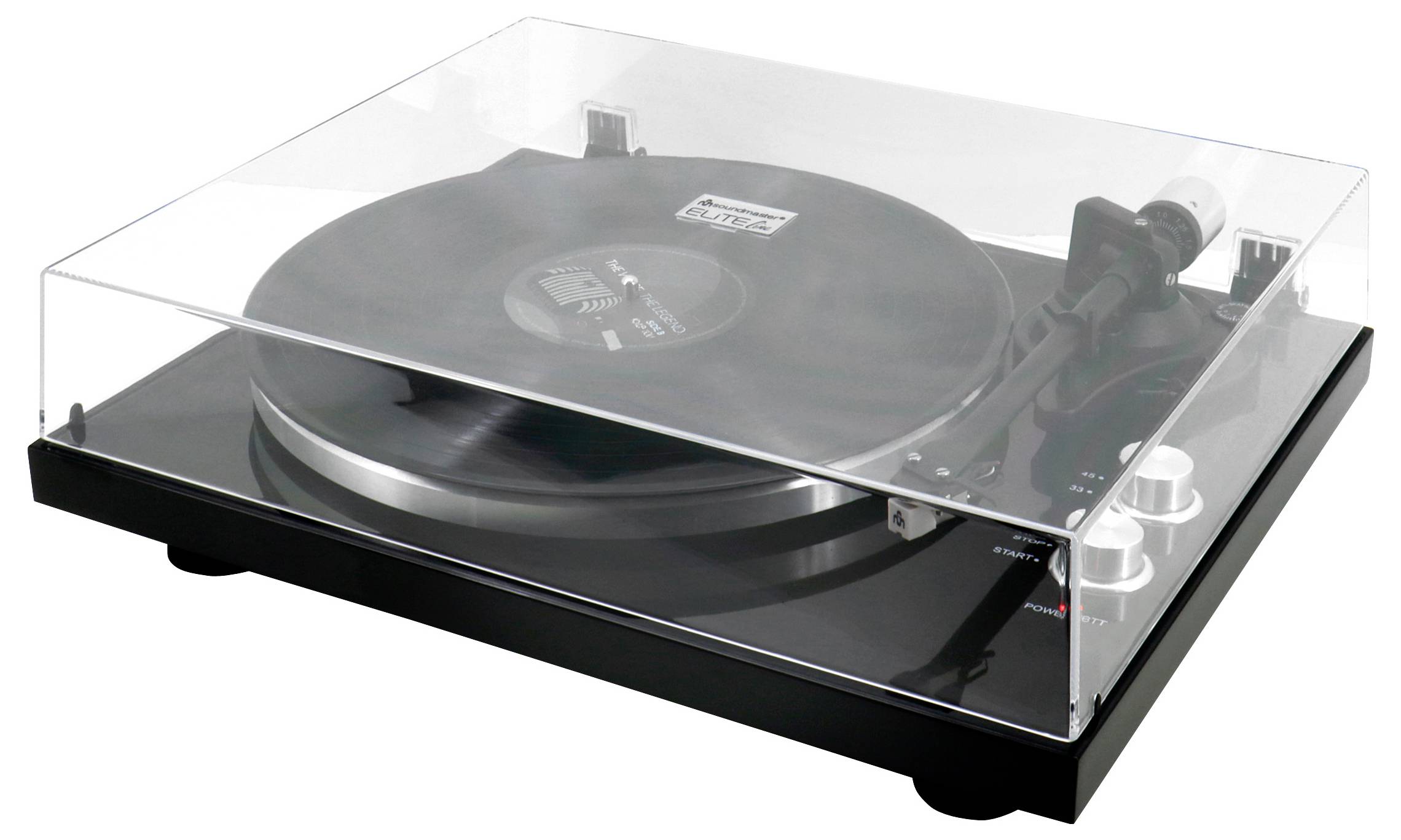 Gramofon s deskou pro přehrávání vinylových desek, opatřený průhledným ochranným krytem uzavřeným nad táčem a tonearmem.