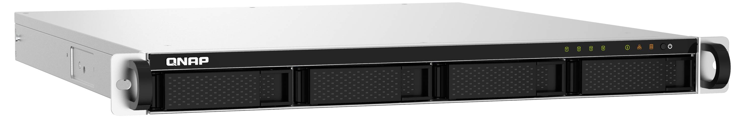Přední pohled na QNAP rackmount síťový úložný server se dvěma přední jednotkami pro disky, stavovými LED indikátory a bočními rukojeťmi.