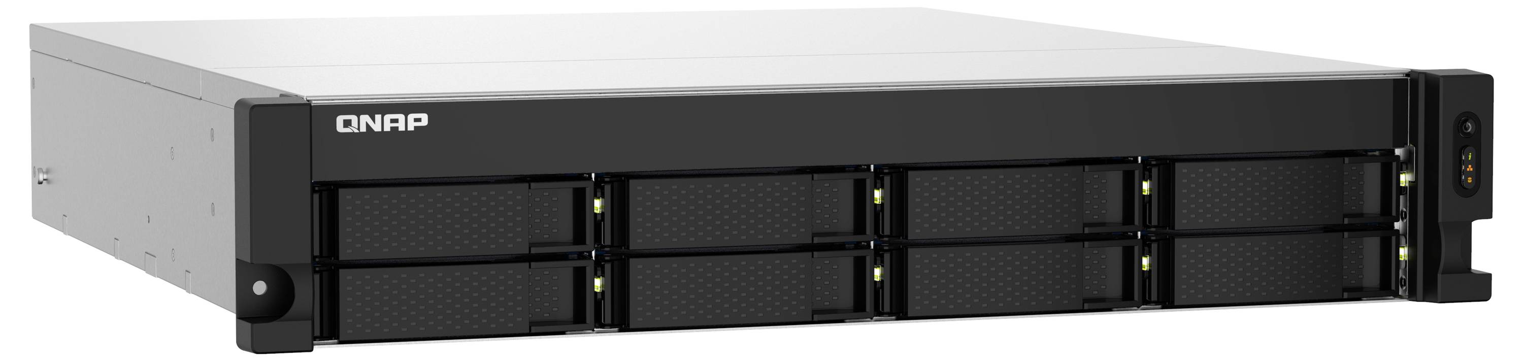 Černý rackmountovací NAS storage server QNAP s více přední pozicemi pro pevné disky a stavovými indikátory.