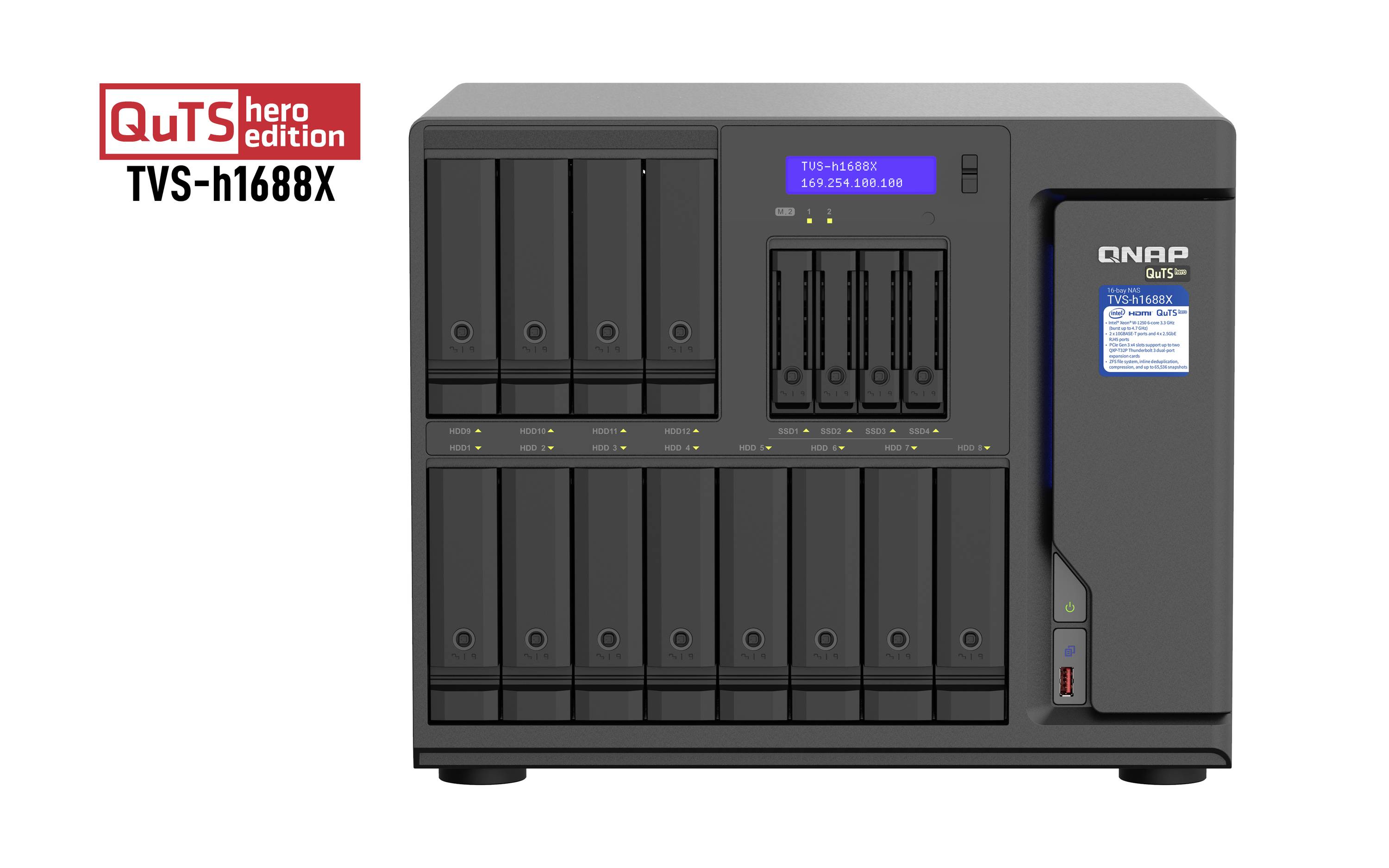 QNAP QuTS hero edition TVS-h1688X NAS úložný server se předními přihrádkami na jednotky a stavovým displejem.