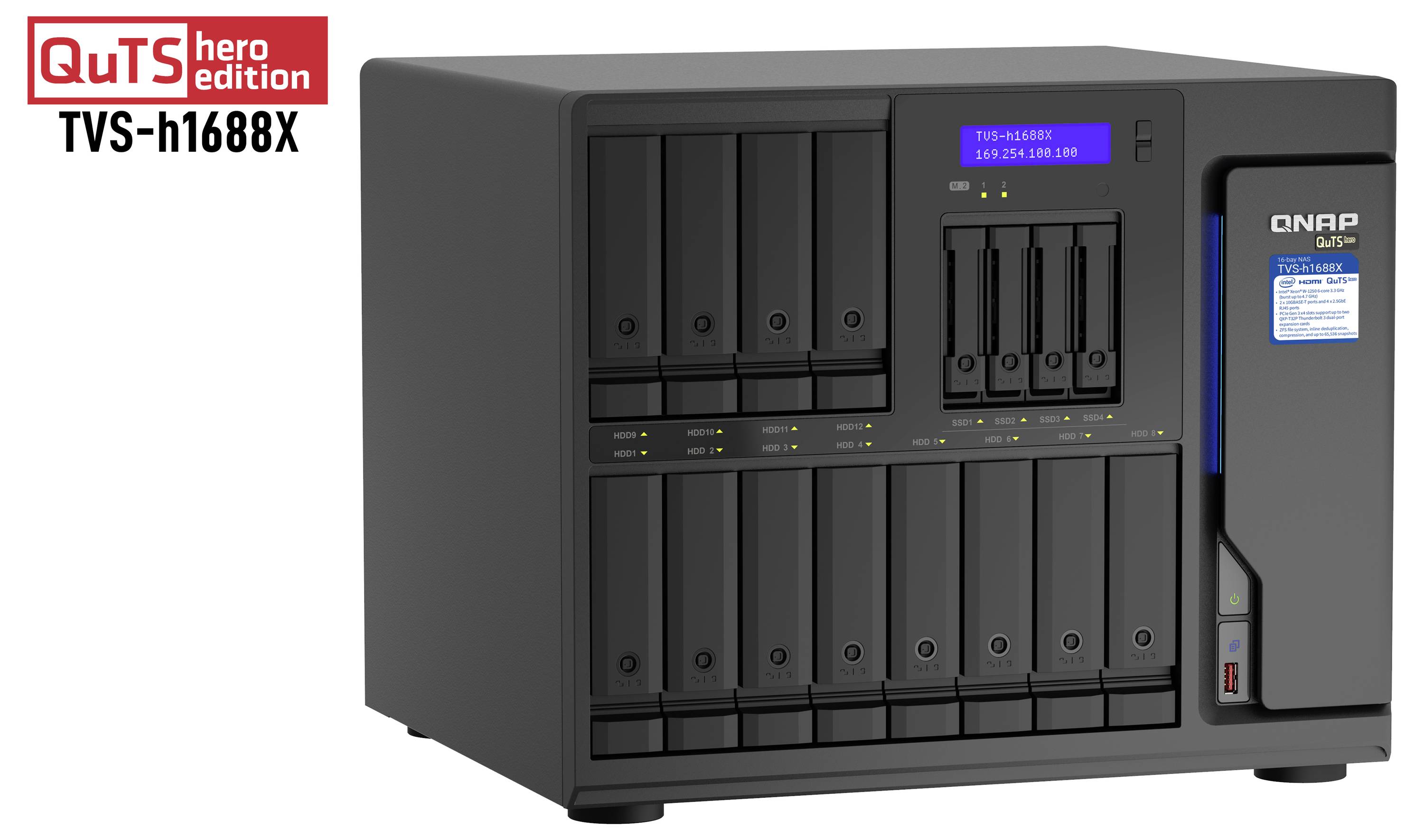 QNAP QuTS hero edition TVS-h1688X úložný server s více přední přístupovými pozicemi pro jednotky a malým stavovým displejem.