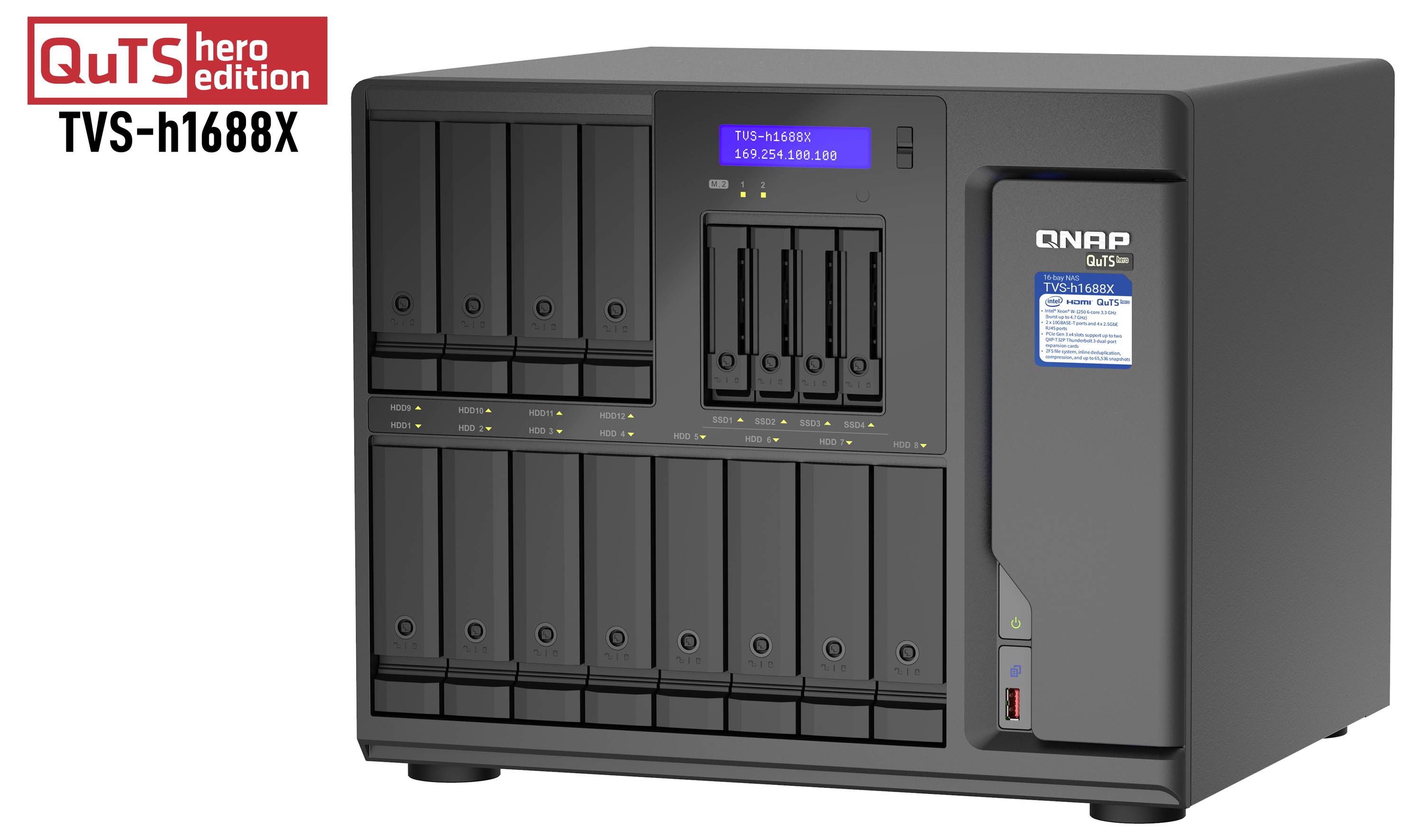QNAP QuTS hero TVS-h1688X NAS server s více předními pozicemi pro pevné disky a zobrazením stavu, znázorněný na produktové fotografii.