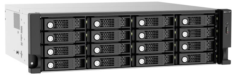 Přední pohled na rack-mounted serverové úložiště s 12 vyměnitelnými drive bay a indikátory stavu na pravé straně.