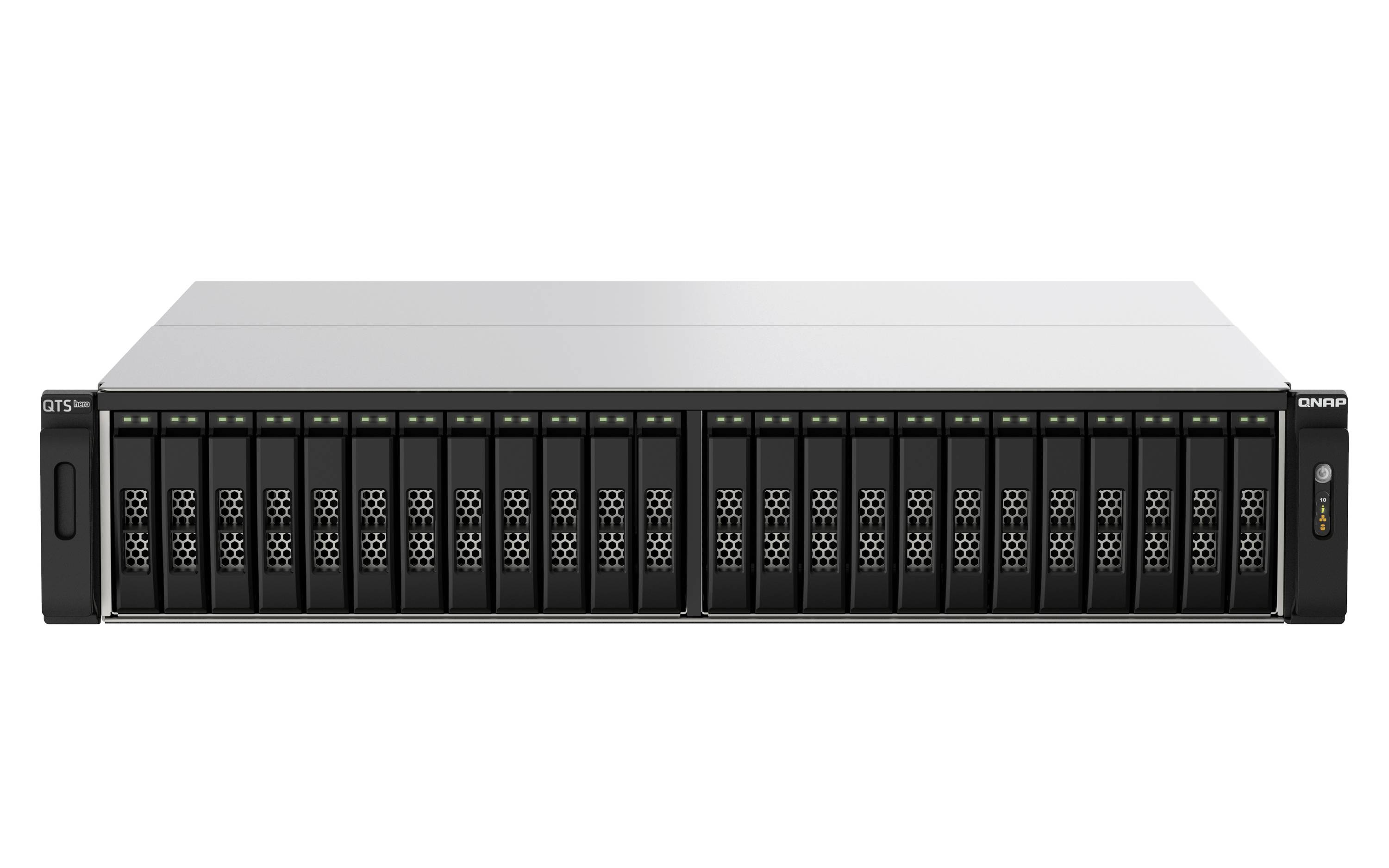 Přední pohled na rackmountovací úložný server s mnoha Hot-swap jednotkami a stavovými indikátory na bílém pozadí.