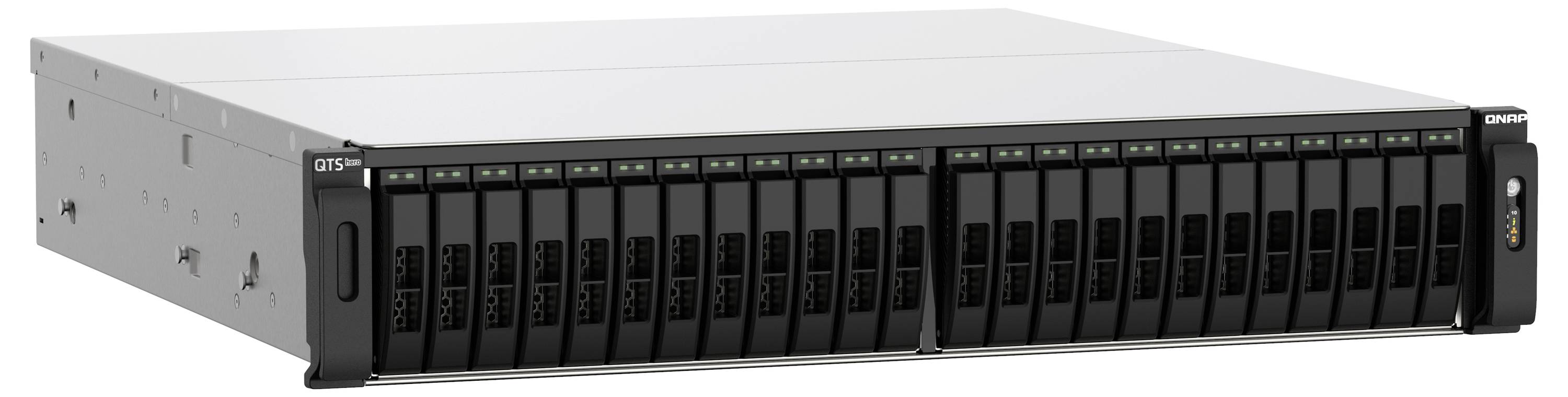 Přední pohled na 24-slotový rack storage server s výměnnými jednotkami a indikátory stavu na pravé straně.