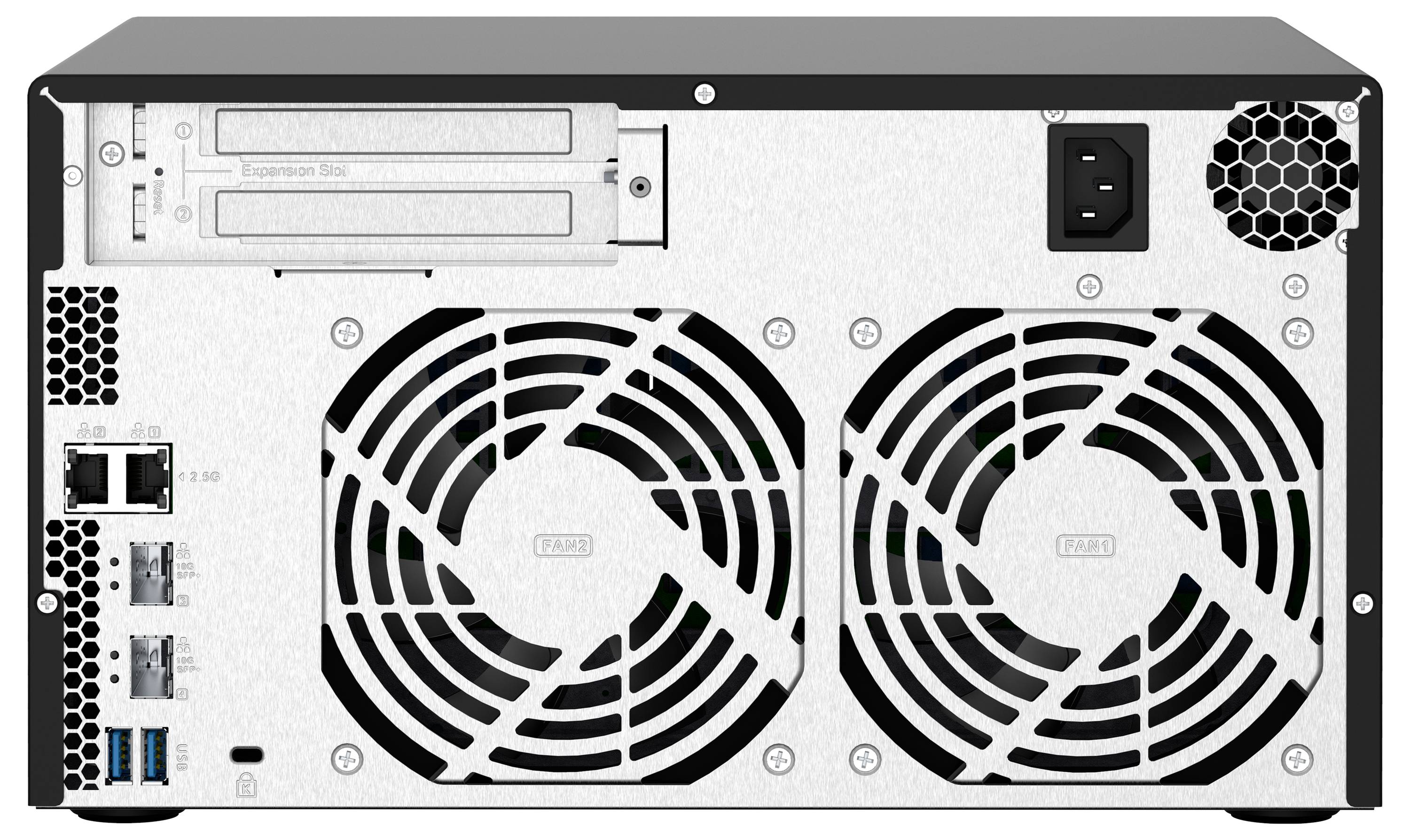 Zadní pohled na serverovou nebo počítačovou skříň ukazující dva velké chladicí ventilátory, zásuvku napájení a více síťových a USB portů.