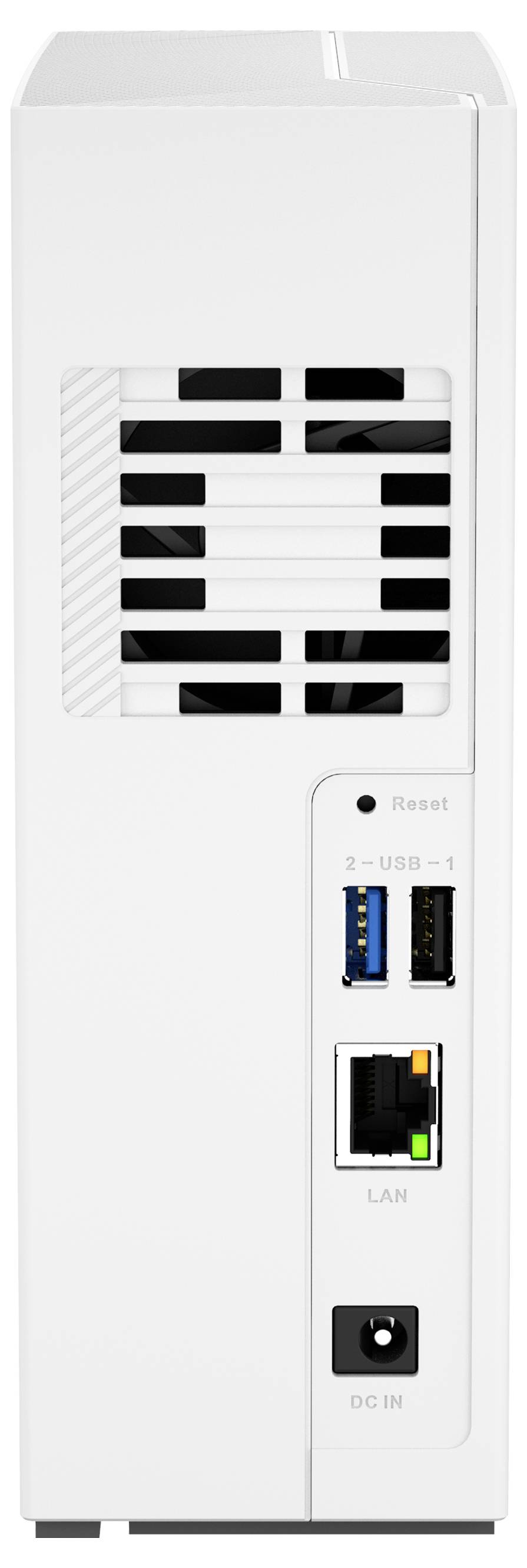 Bílé vertikální síťové zařízení/router se zadním panelem větrání, pinholem Reset, dvěma porty USB, portem LAN a vstupem napájení DC IN.