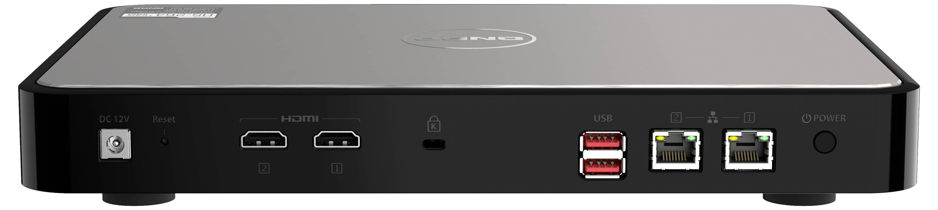 Přední pohled na černé síťové zařízení se čtyřmi porty HDMI, dvěma porty USB, dvěma porty Ethernet a tlačítkem napájení na pravé straně.