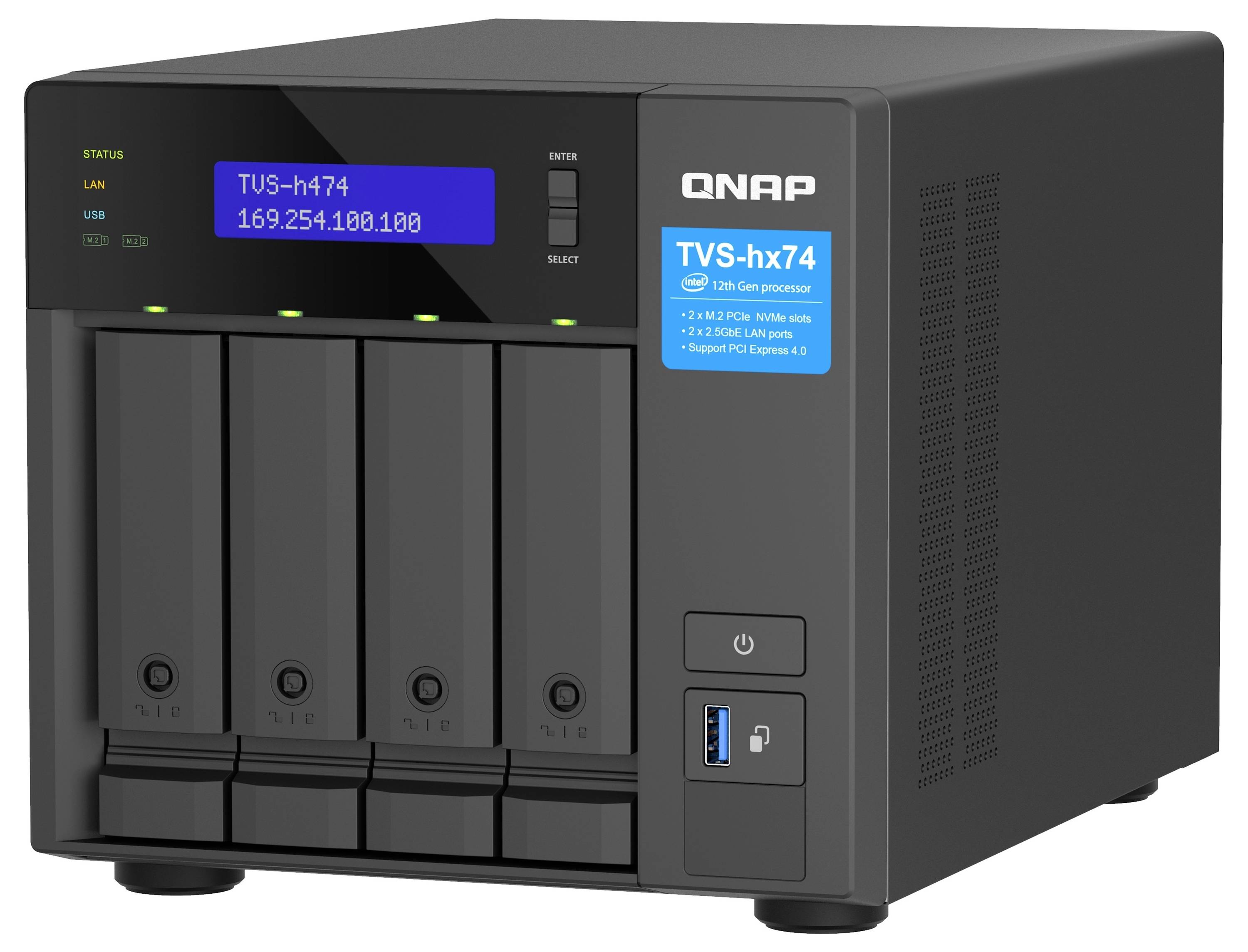 Přední pohled na 4-bay NAS úložné zařízení QNAP TVS-hx74 s modrými stavovými displeji, sloty pro jednotky, tlačítkem napájení a portem USB.