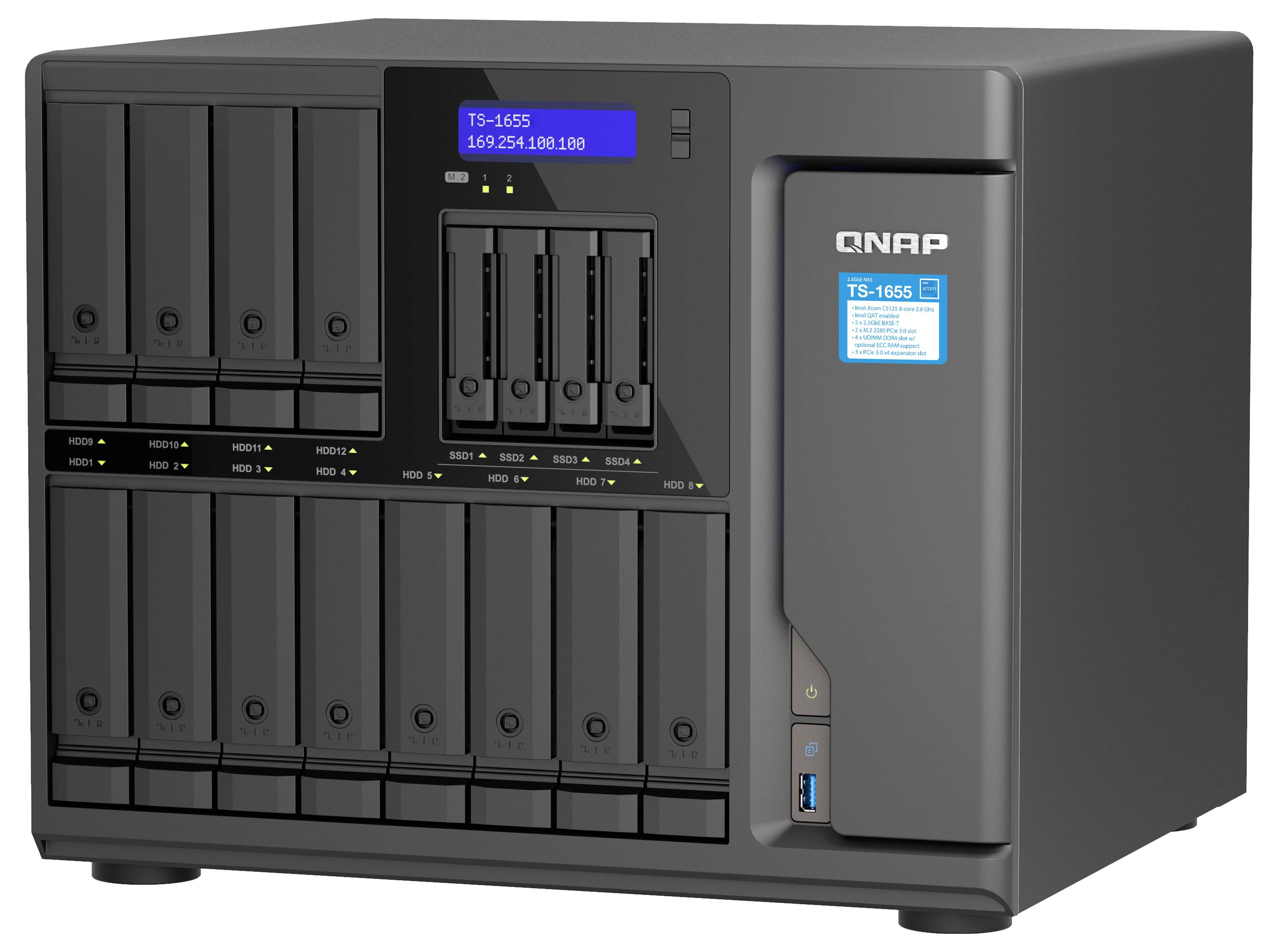 Černý síťový úložiště QNAP TS-1655 se šMultiple drive bay a modrými stavovými displeji