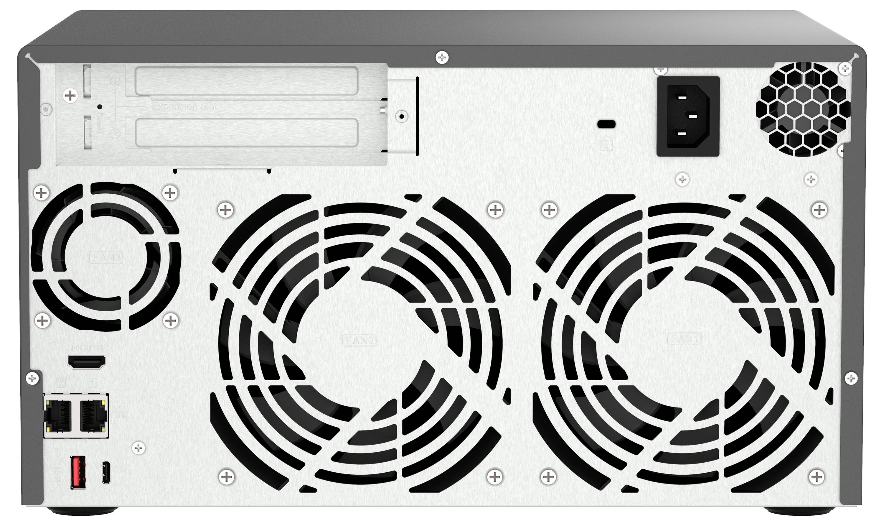 Zadní pohled na skříň stolního počítače zobrazující dva velké chladicí ventilátory, vstup napájení, porty Ethernet, porty USB a pozice pro pevné disky.