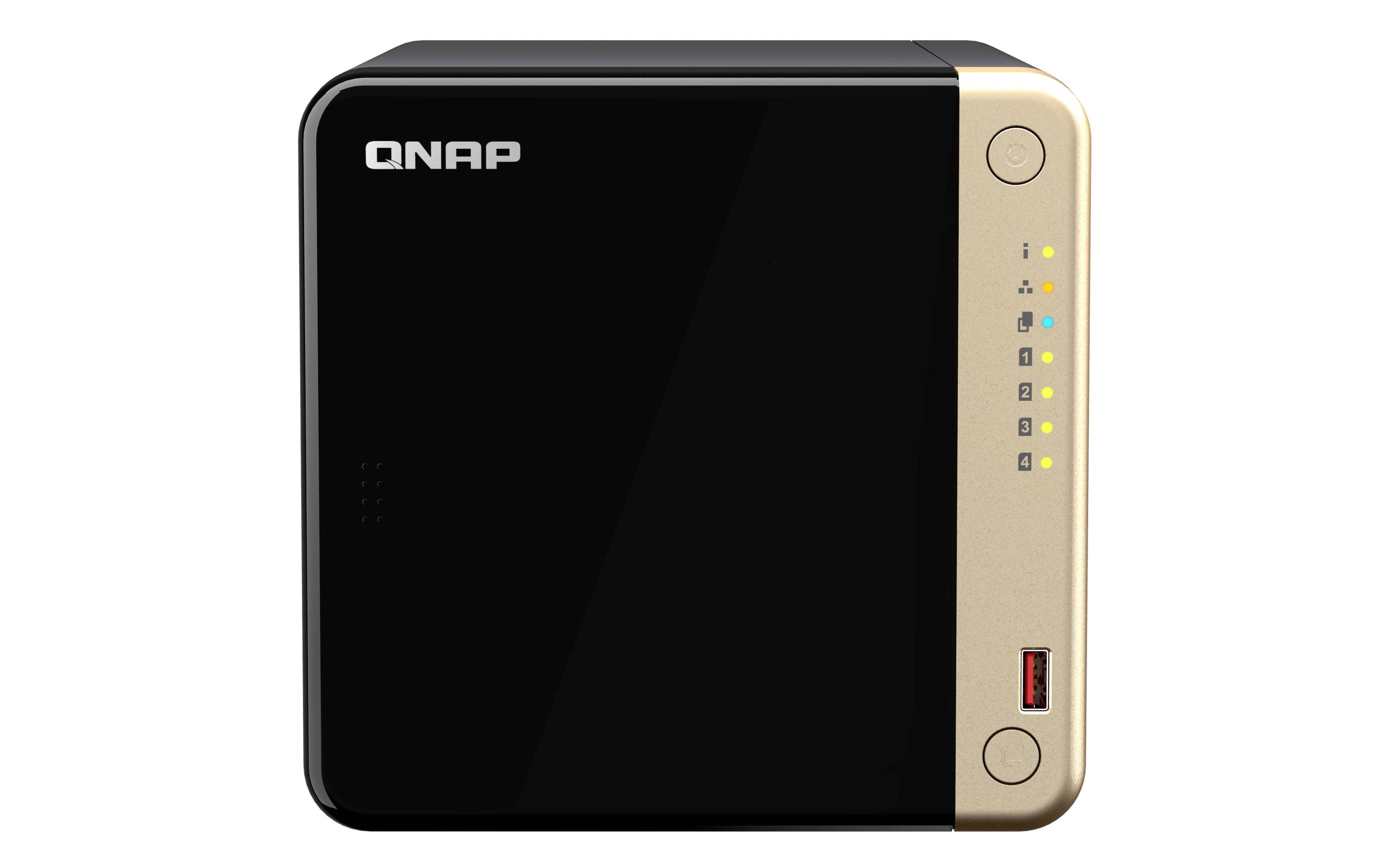 Přední pohled na zařízení QNAP NAS s černým čelem, zlatým bočním panelem, indikátory stavu, tlačítkem napájení a předním portem USB.