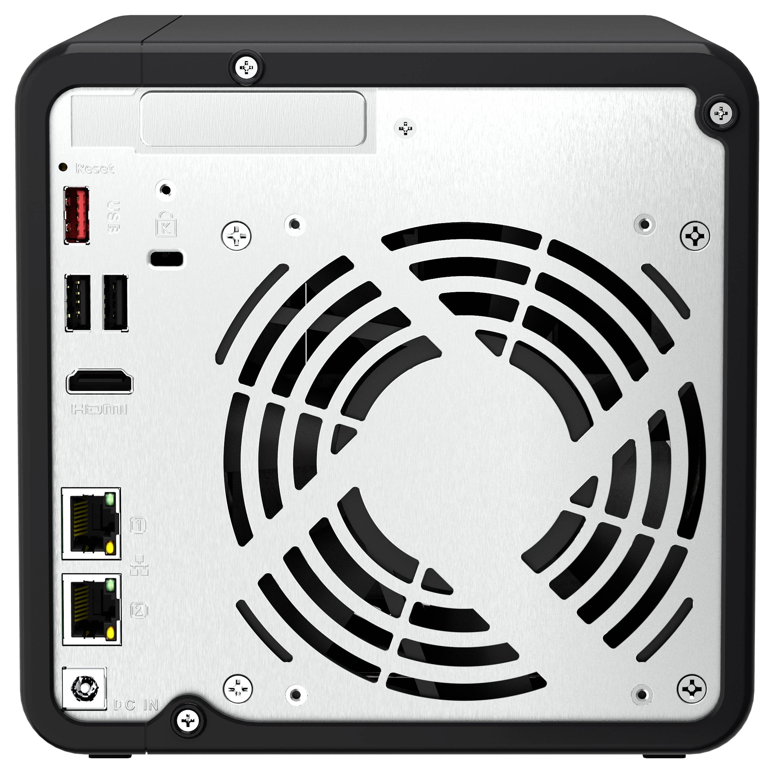 Zadní pohled na kompaktní skříň NAS/serveru s velkým mřížkou chladicího ventilátoru, porty pro napájení/vstup, HDMI a dvěma porty Ethernet.