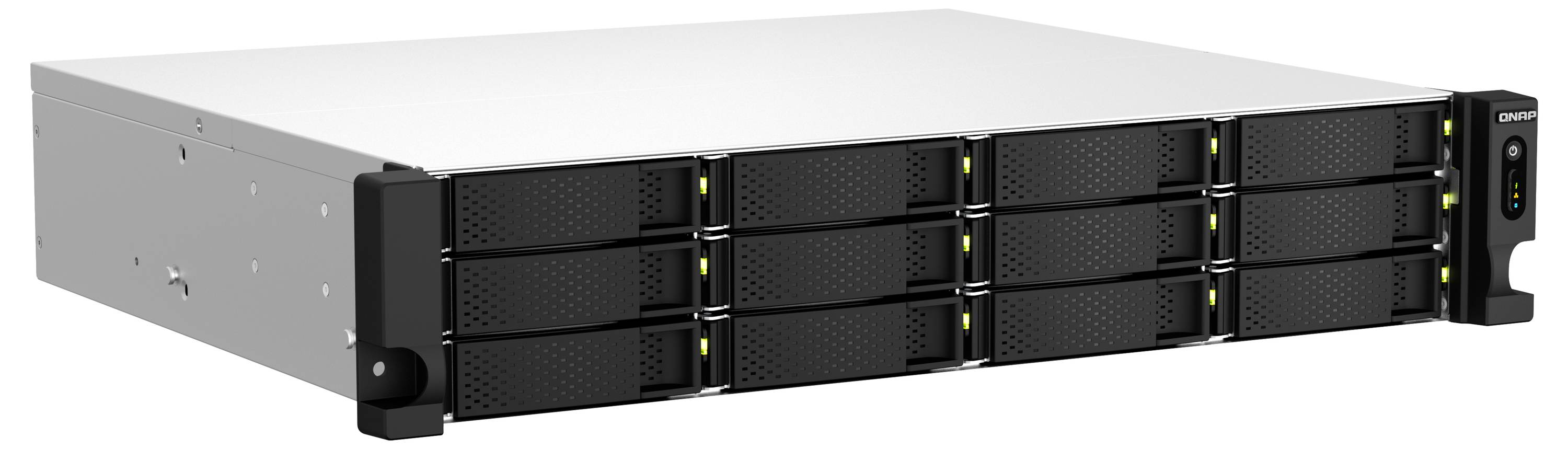 Přední pohled černého rackmountovacího úložného serveru s více vyměnitelnými jednotkami hot-swap a stavovými indikátory, zobrazený v perspektivě.