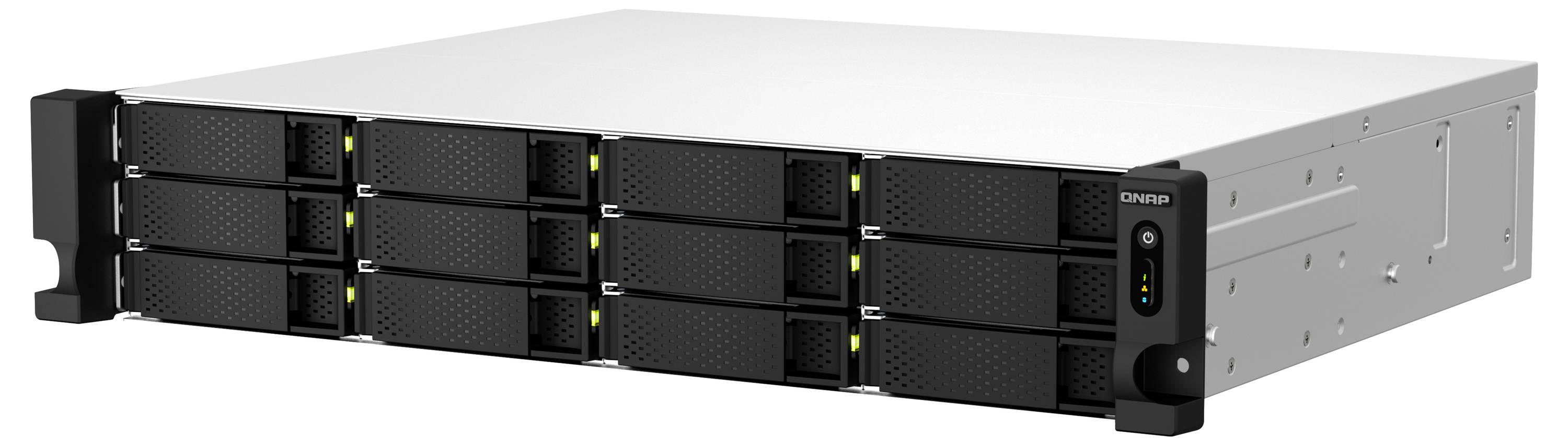 Přední pohled na Lenovo rackmountovací server s více vyměnitelnými jednotkami pro disky a stavovými indikátory v stříbrném šasi.