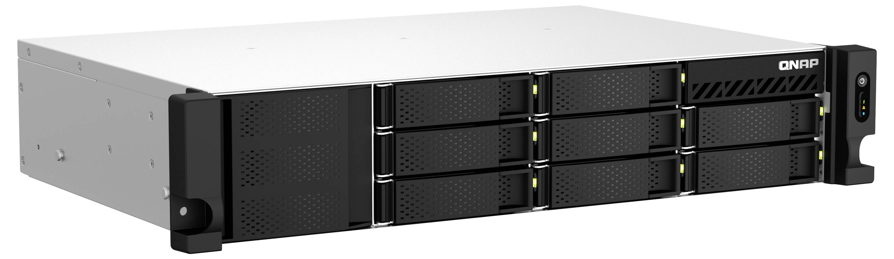 Přední pohled na rackmountovací NAS úložný server QNAP s více vyměnitelnými diskodovými pozicemi a stavovými indikátory na pravé straně.