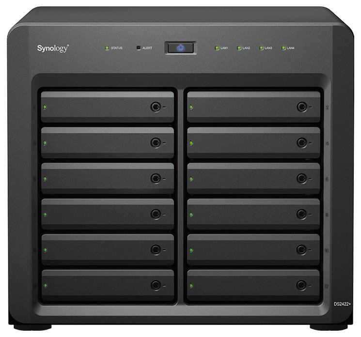 Přední pohled na dvanáctizónový NAS server Synology se dvěma sloupci jednotek disků a stavovými LED diodami.