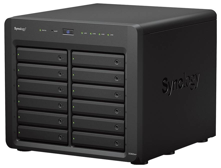 Černá Synology DiskStation NAS s 10 přední pozicemi pro jednotky a indikačními světly, zobrazena v úhlu na bílém pozadí.