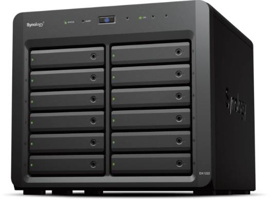 Černé rackmountovací NAS od Synology s 12 předními pozicemi pro disky a stavovými indikátory, zobrazené v úhlu na bílém pozadí.