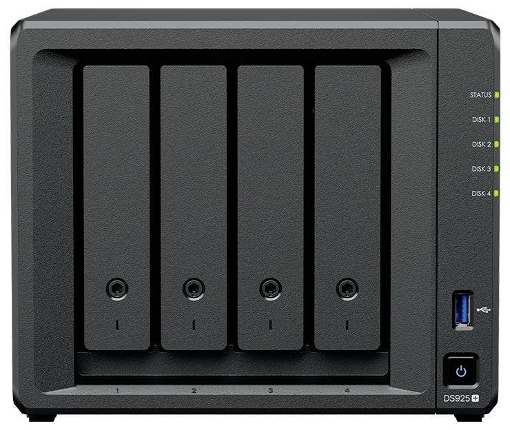 Přední pohled na čtyřbranné NAS skříni Synology se sloty na jednotky, stavovými LED diodami, USB portem a tlačítkem napájení.