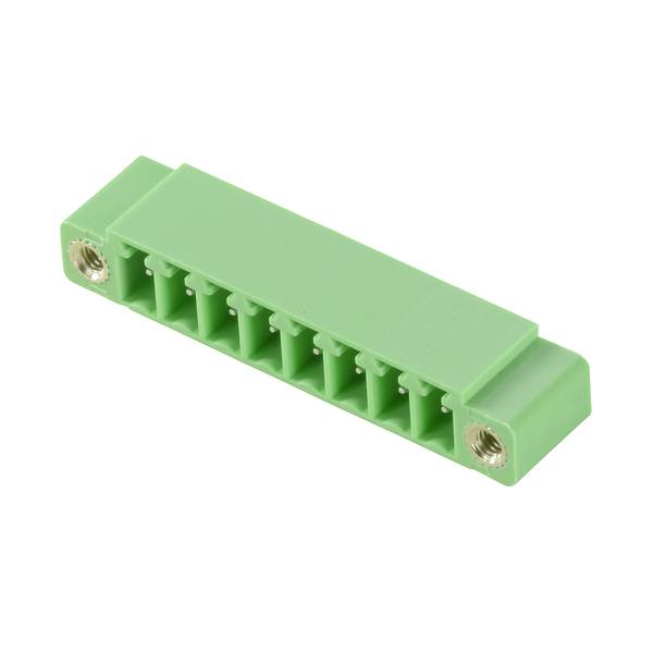Zelený elektrický konektor s osmi zásuvkami a kovovými šroubovými svorkami na obou koncích.