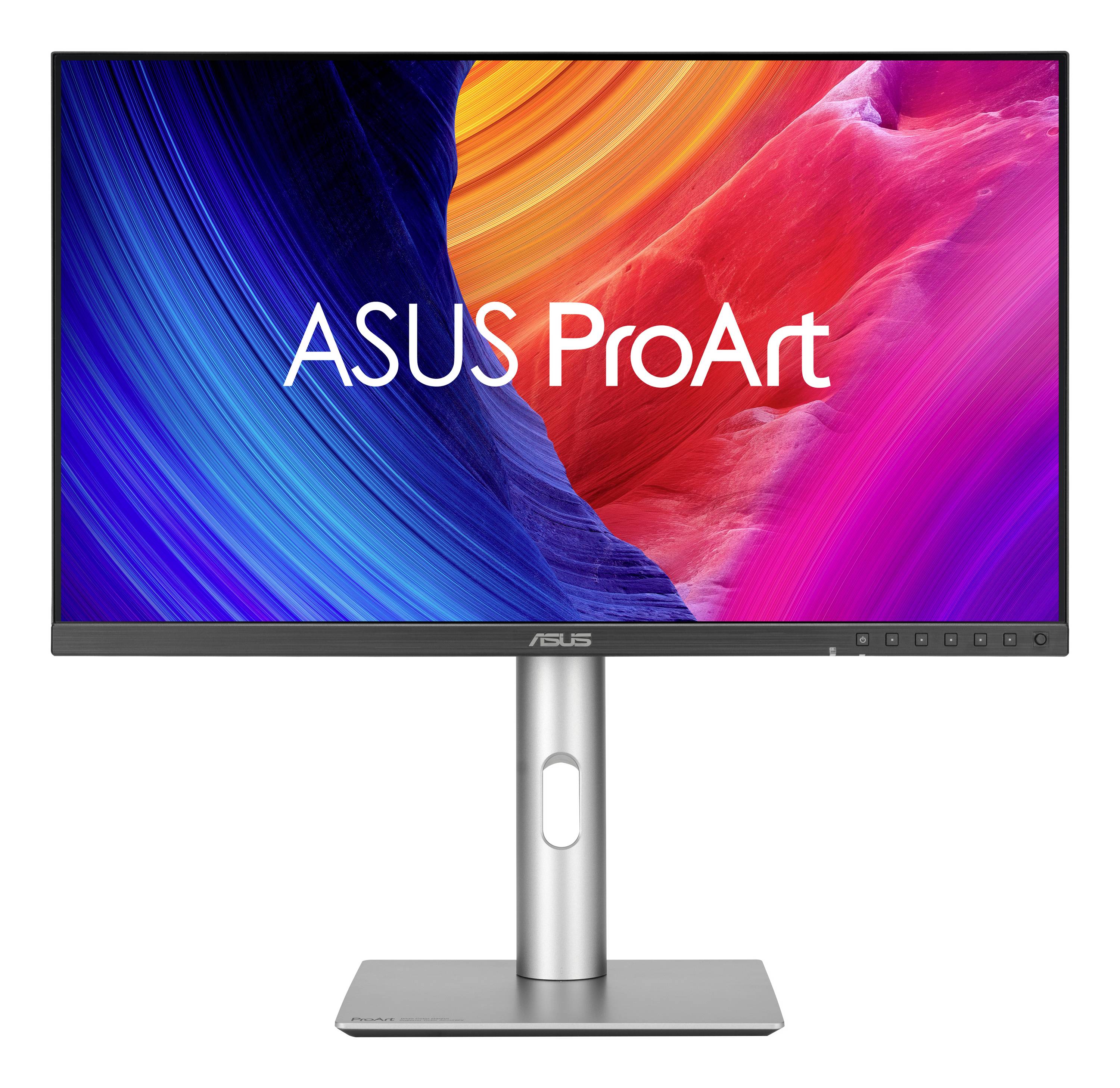 ASUS ProArt monitor na stojanu zobrazující barevný abstraktní display s logem "ASUS ProArt".