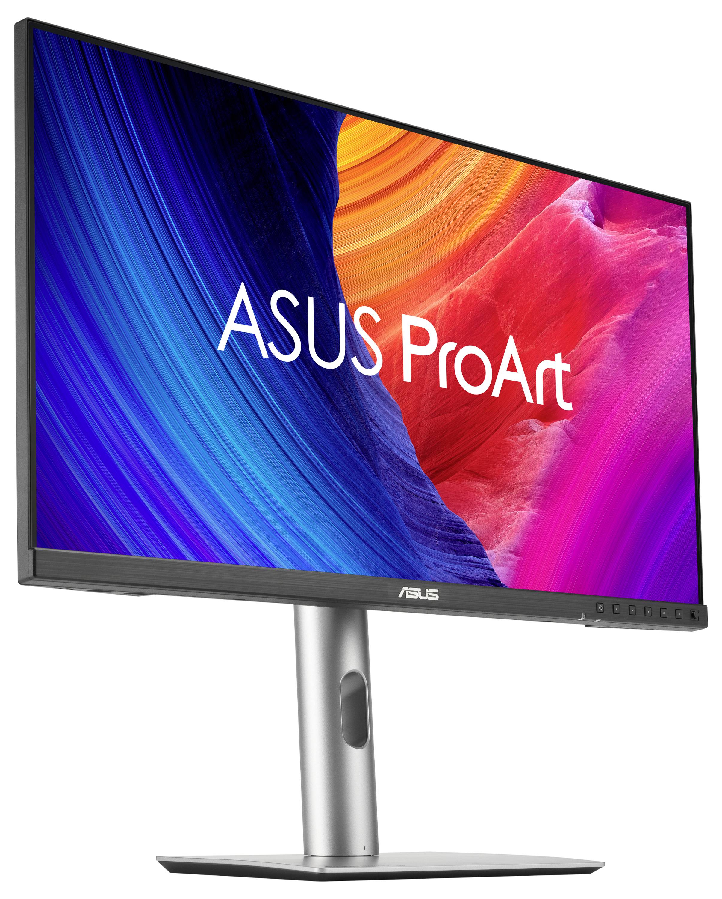 Monitor ASUS ProArt pro pracovní plochu s barevným abstraktním zobrazením a nastavitelným stojanem, zobrazen na bílém pozadí.