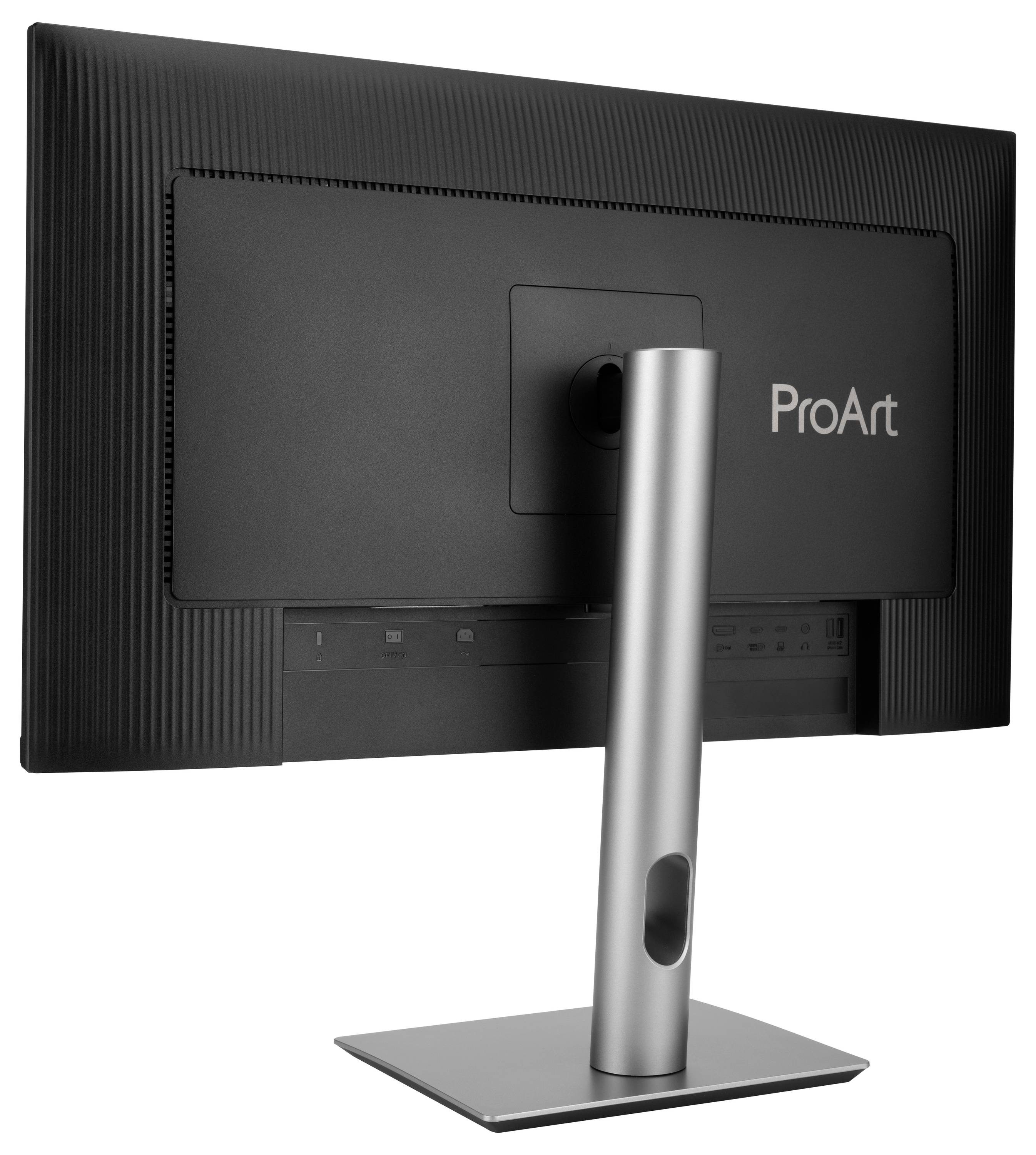 Zadní pohled na ASUS ProArt monitor zobrazující stojan, větrací žebra a centrální otvor pro řízení kabelů.