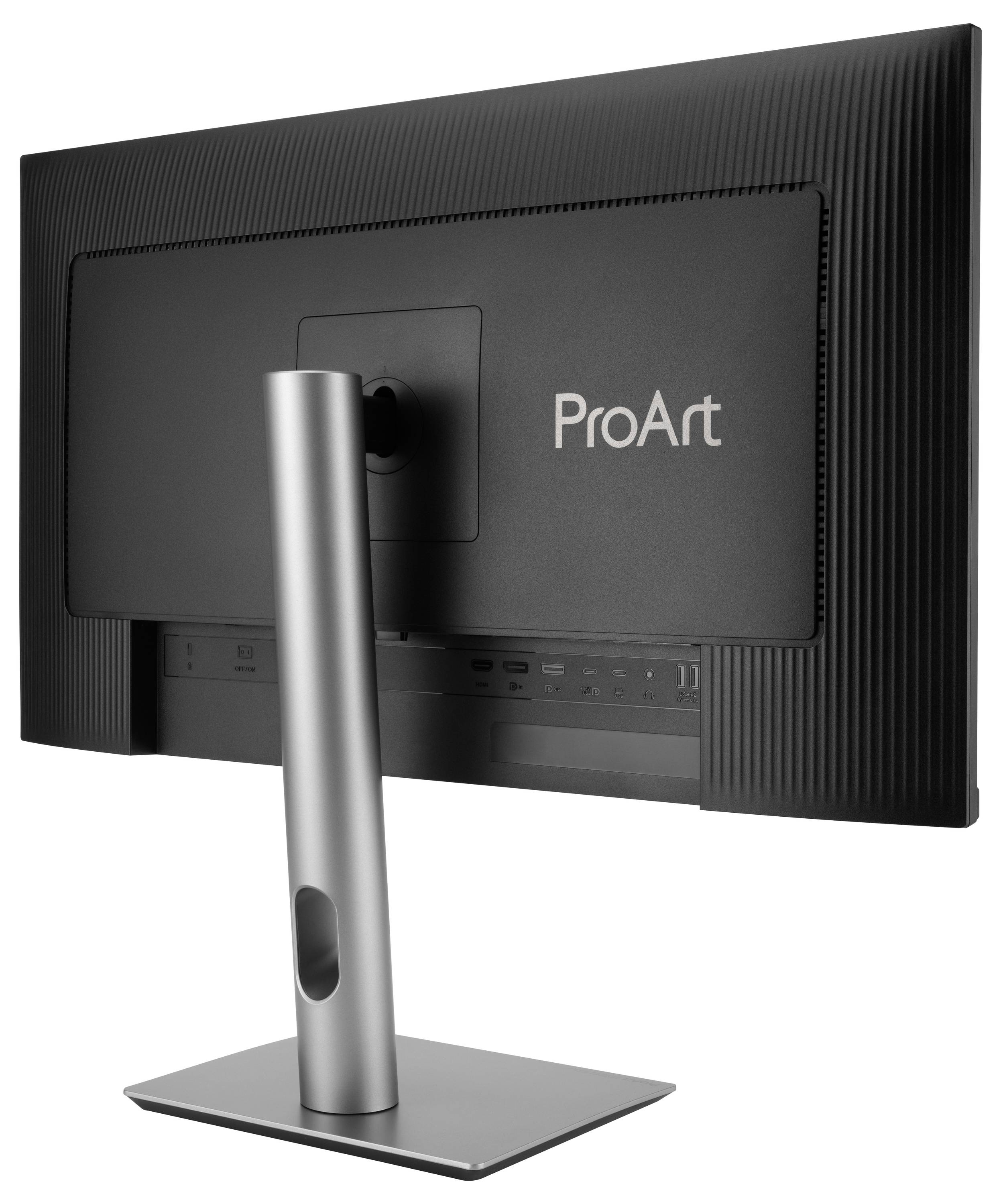 Zadní pohled na černý monitor ASUS ProArt na stříbrném stojanu, ukazující nastavitelný zadní panel a minimalistický design.