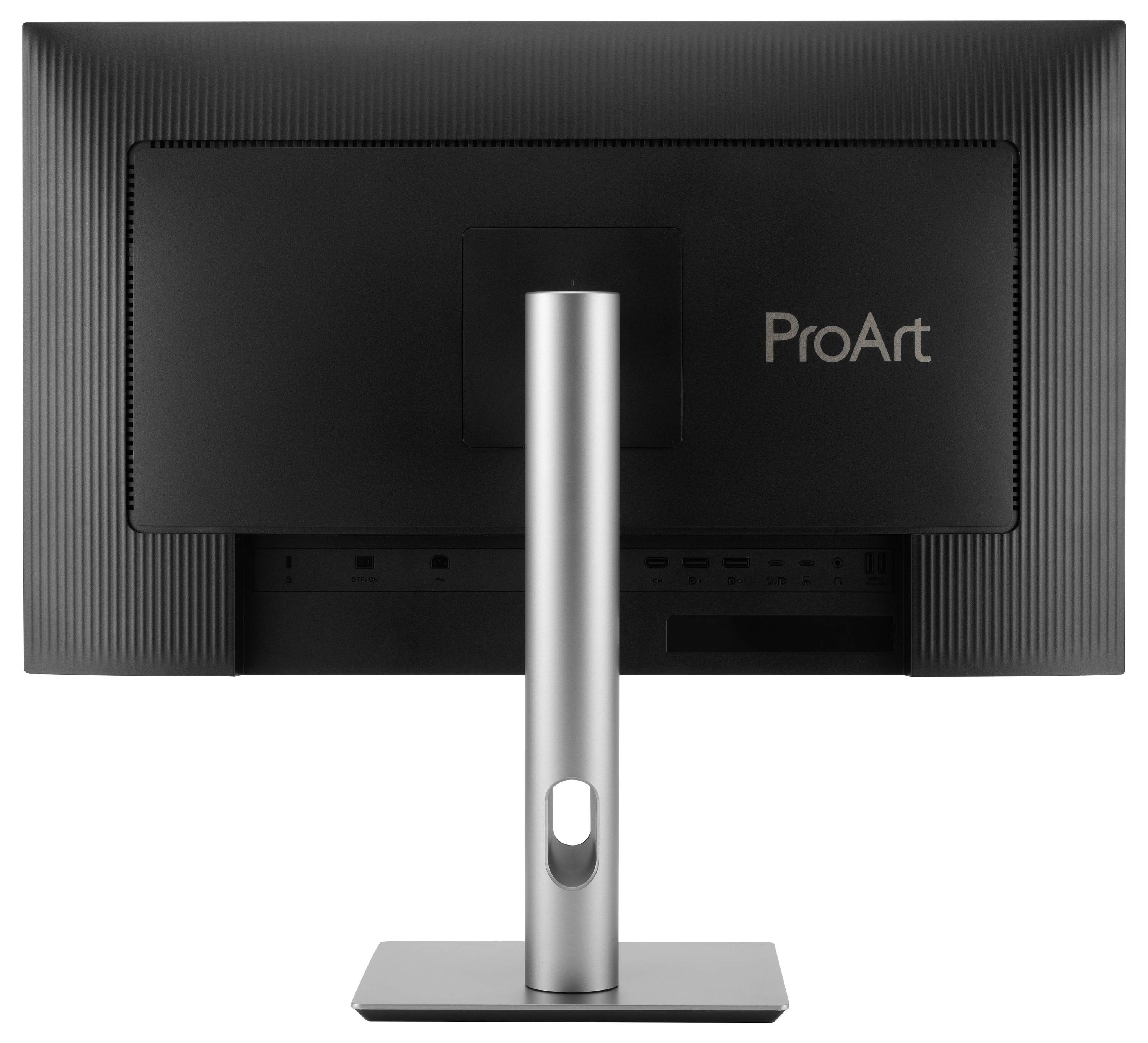 Zadní pohled na černý monitor ASUS ProArt na stříbrném stojanu, zobrazující středově umístěnou podporu a obdélníkovou základnu.