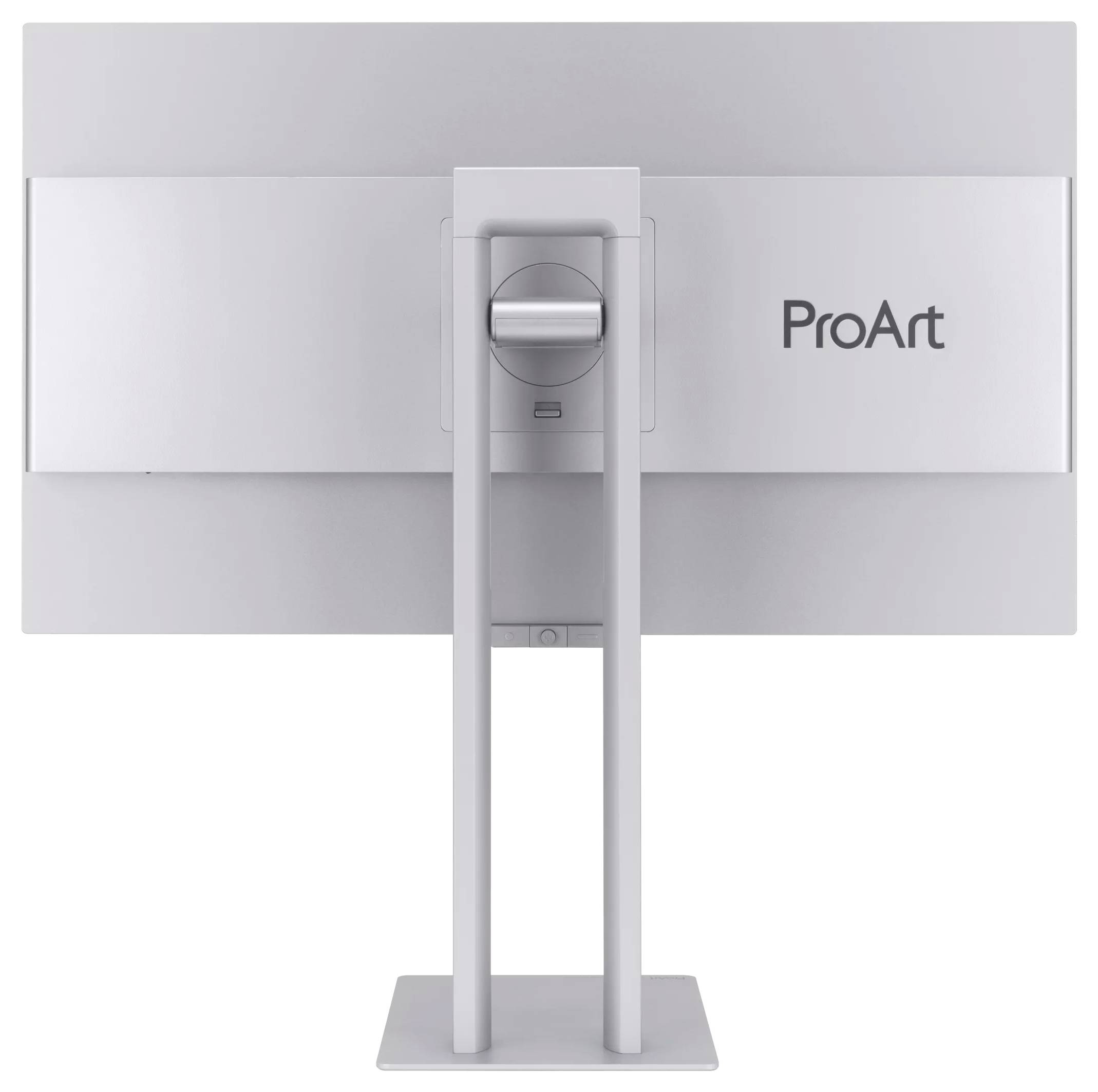 Zadní pohled na profesionální monitor ProArt na stříbrném stojanu, zobrazující centrální upevňovací závorku a minimalistický design.