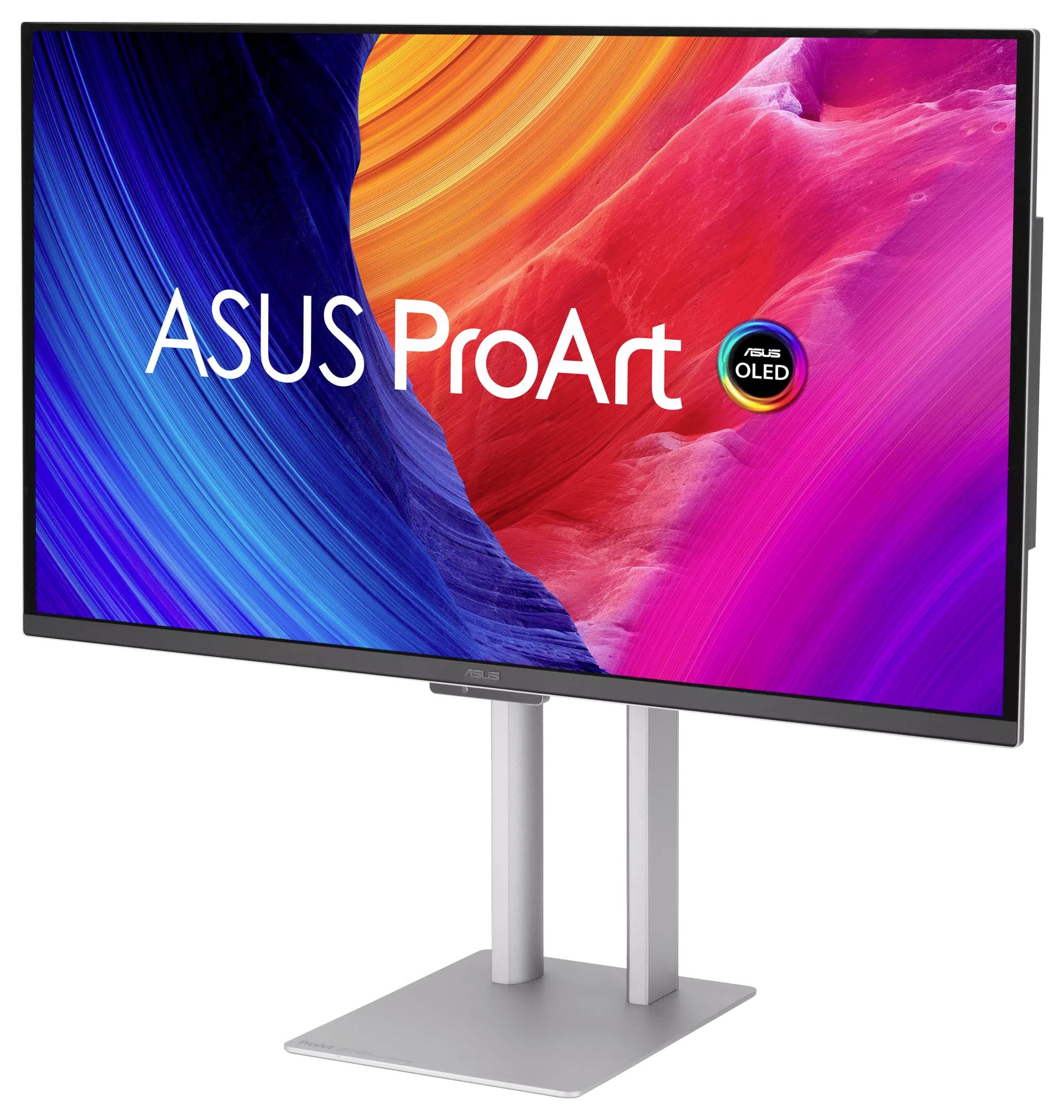 ASUS ProArt OLED počítačový monitor s barevným abstraktním zobrazením na stříbrném stojanu.