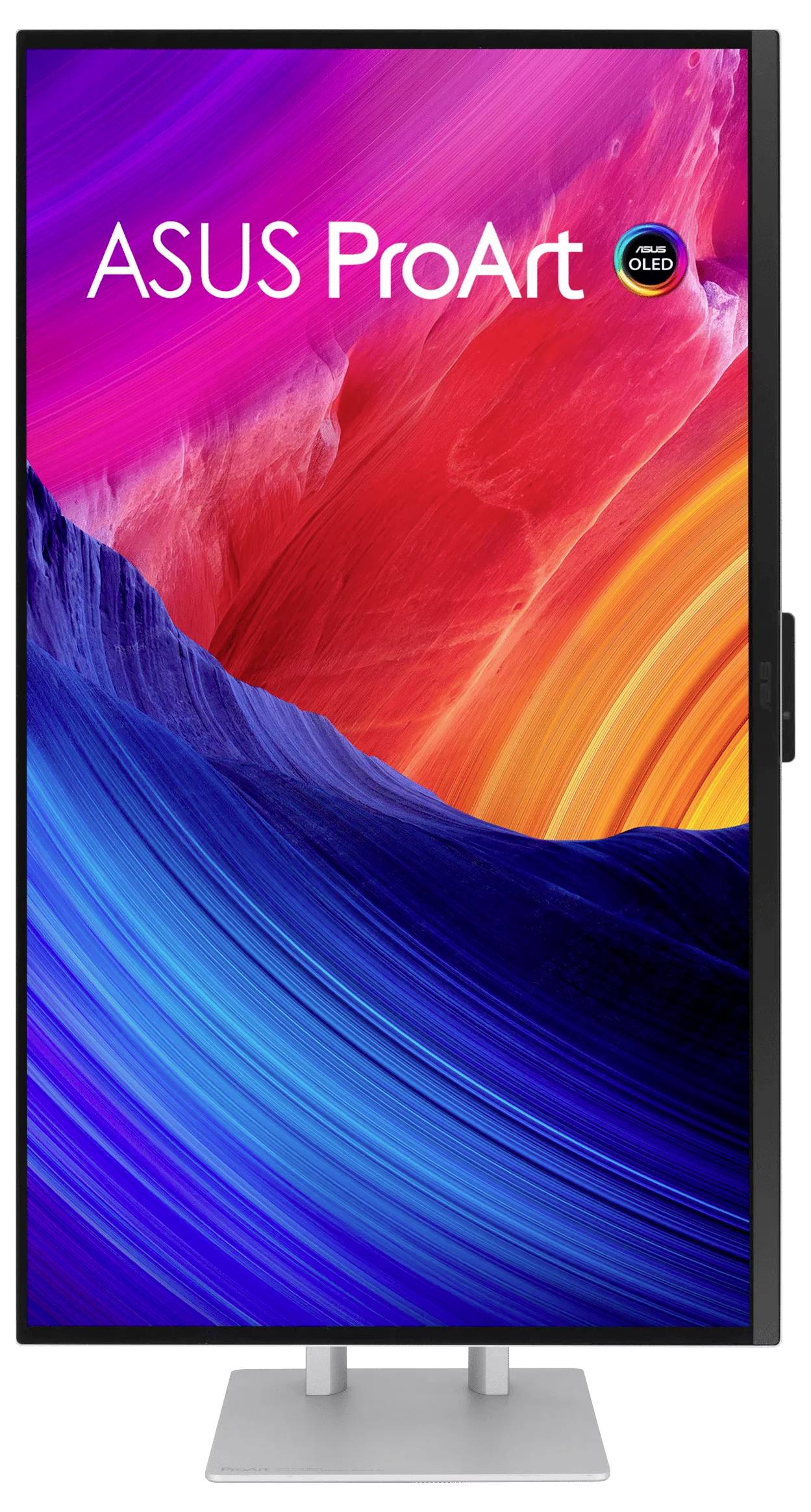 Monitor ASUS ProArt OLED zobrazující barevný abstraktní obrázek červené, růžové, oranžové a modré vlny na stříbrném stojanu.