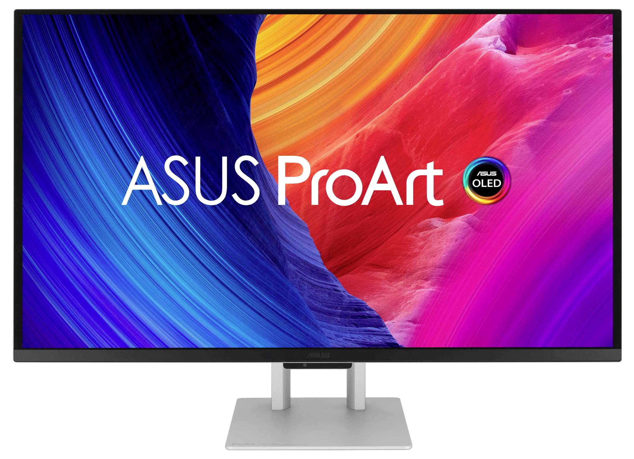 Monitor ASUS ProArt s barevným abstraktním zobrazením a logem OLED, zobrazen na stojanu před bílým pozadím.