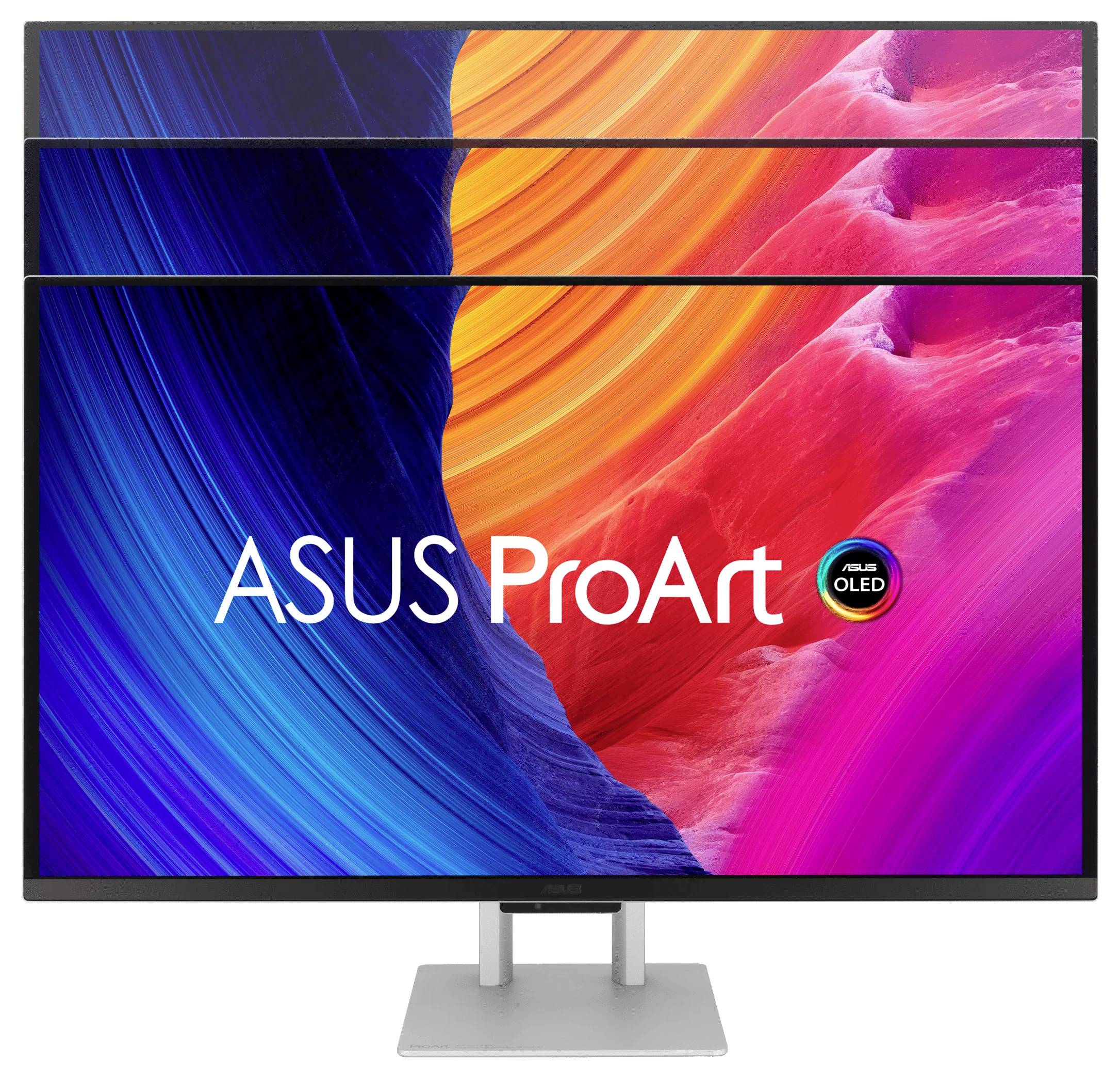 Monitor ASUS ProArt OLED s živou modrou, oranžovou a růžovou abstraktní obrazovkou a duálními vodorovně naskládanými panely nad podstavcem.