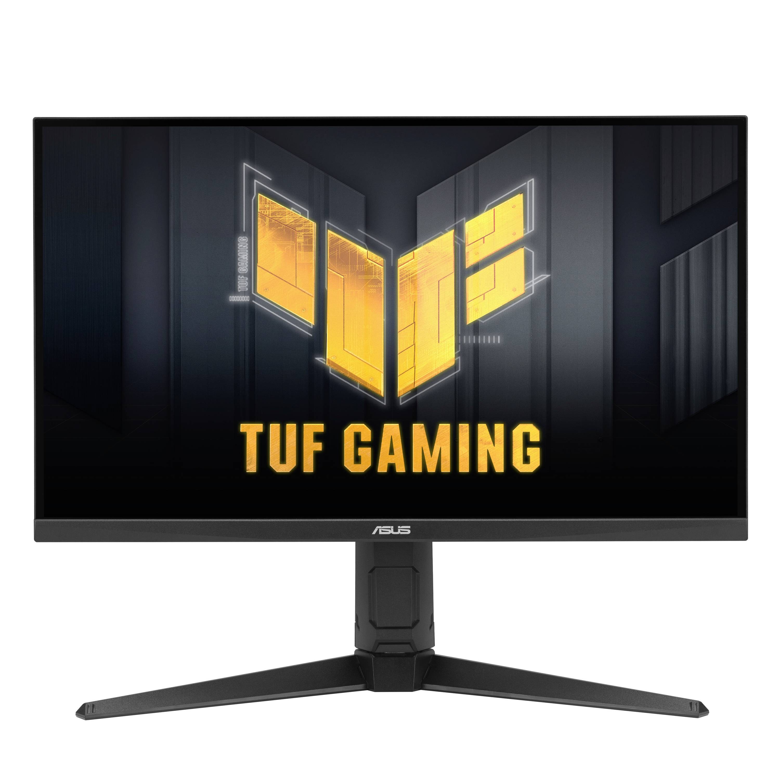 Monitor ASUS TUF Gaming zobrazený zepředu s logem TUF a textem "TUF GAMING" na tmavém displeji