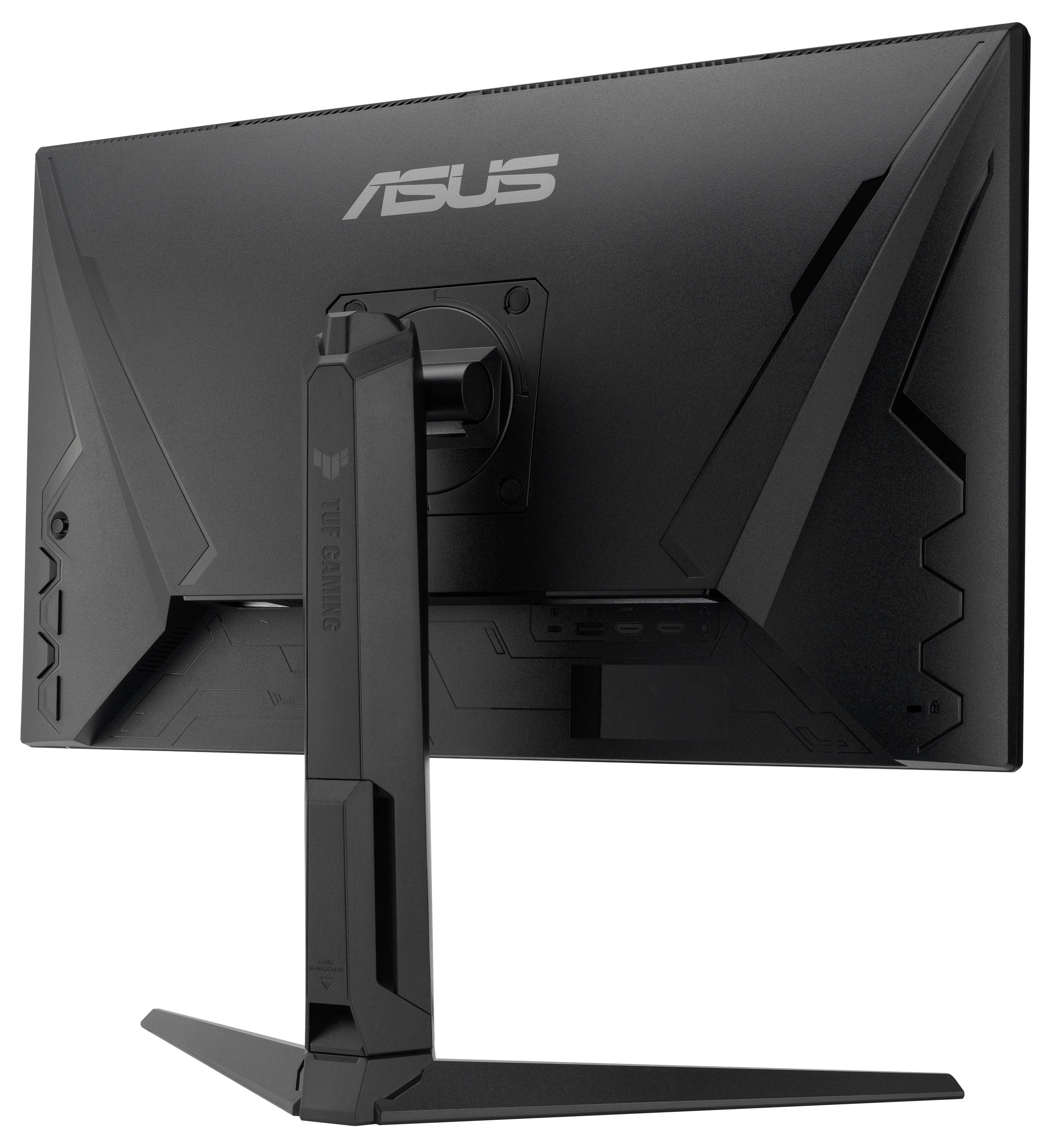 Zadní pohled na herní monitor ASUS na stojanu, který ukazuje větraný úhlový design zadu a středově umístěnou montážní konzolu.