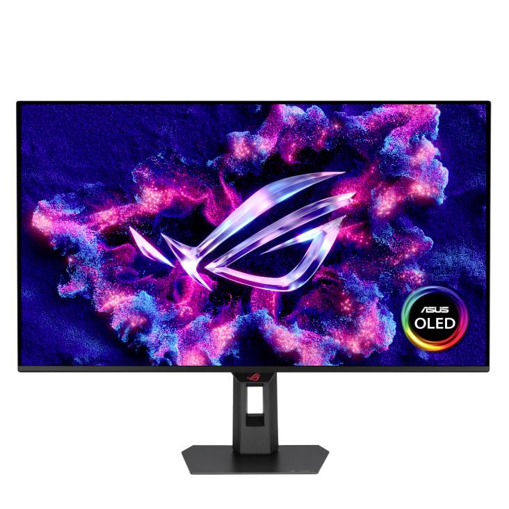 ASUS ROG OLED herní monitor na podstavci, zobrazující pestrobarevný neonový abstraktní obsah s logem ROG a odznákem "ASUS OLED".