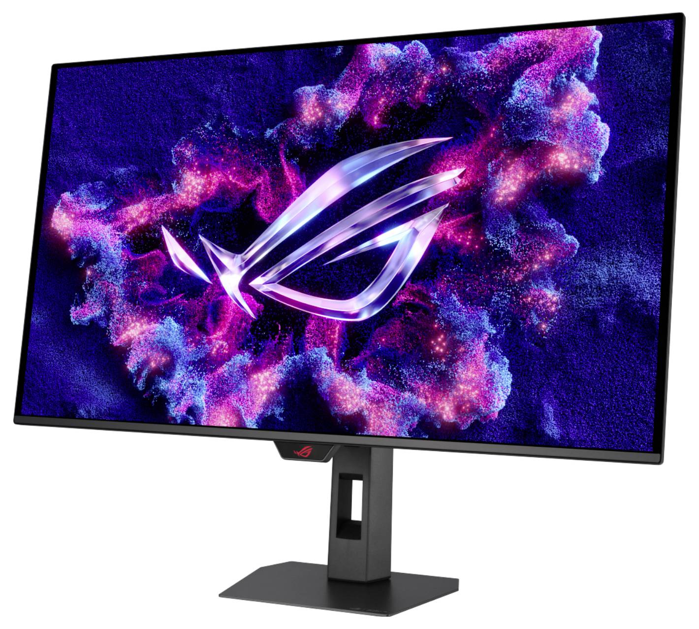 Herní monitor zobrazující logo ROG na abstraktním kosmickém pozadí v modré, růžové a fialové barvě