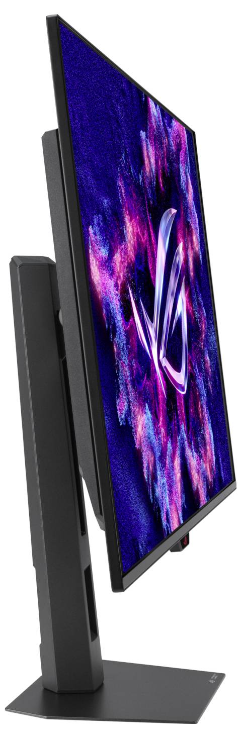 Boční pohled na štíhlý monitor ASUS na stojanu, který zobrazuje obrazovku v úhlu s abstraktním modro-růžovým zobrazením.