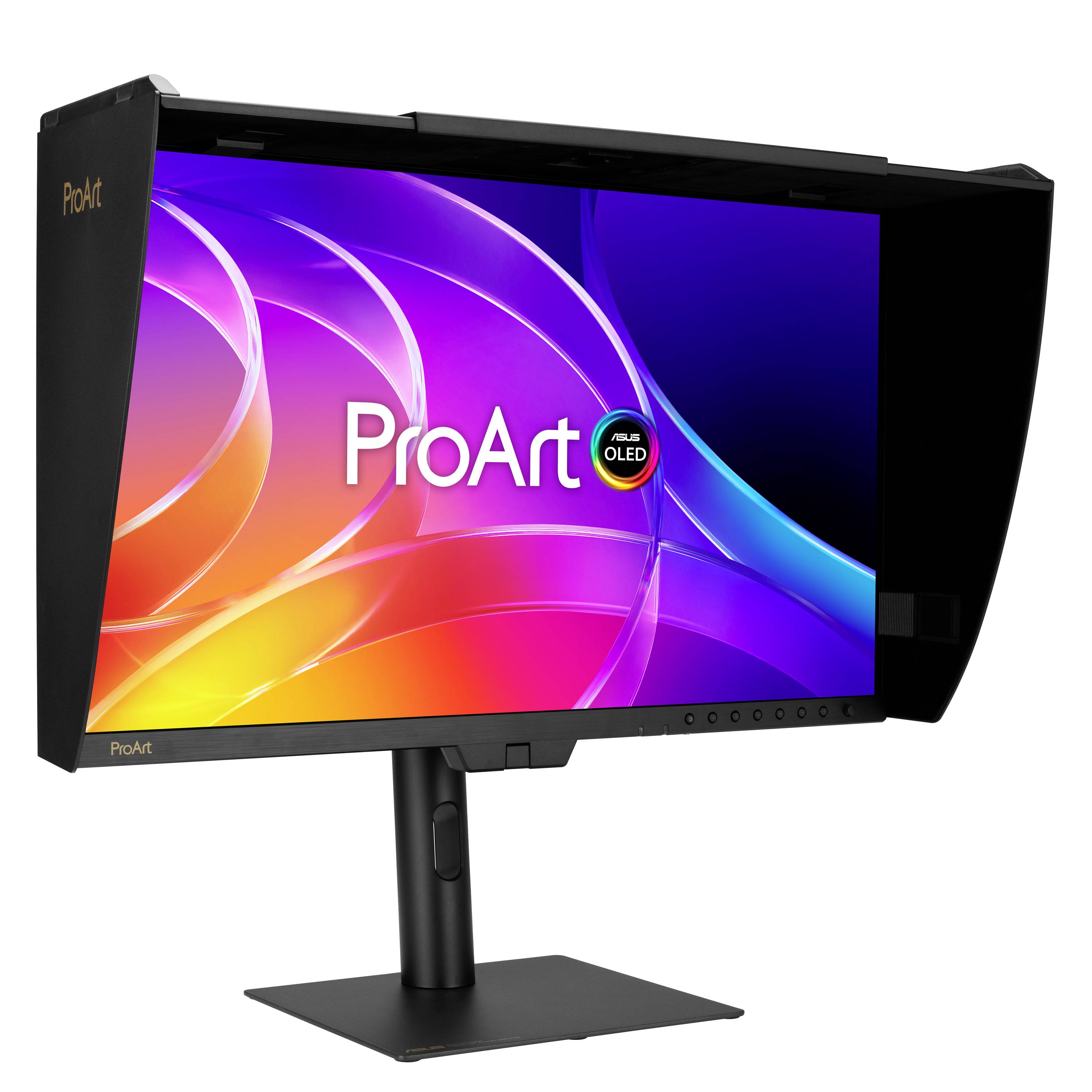 Monitor ASUS ProArt OLED s krytem, na kterém je vidět barevný displej 'ProArt', stojící na podstavci, určený pro barevně kritickou editaci a prohlížení.