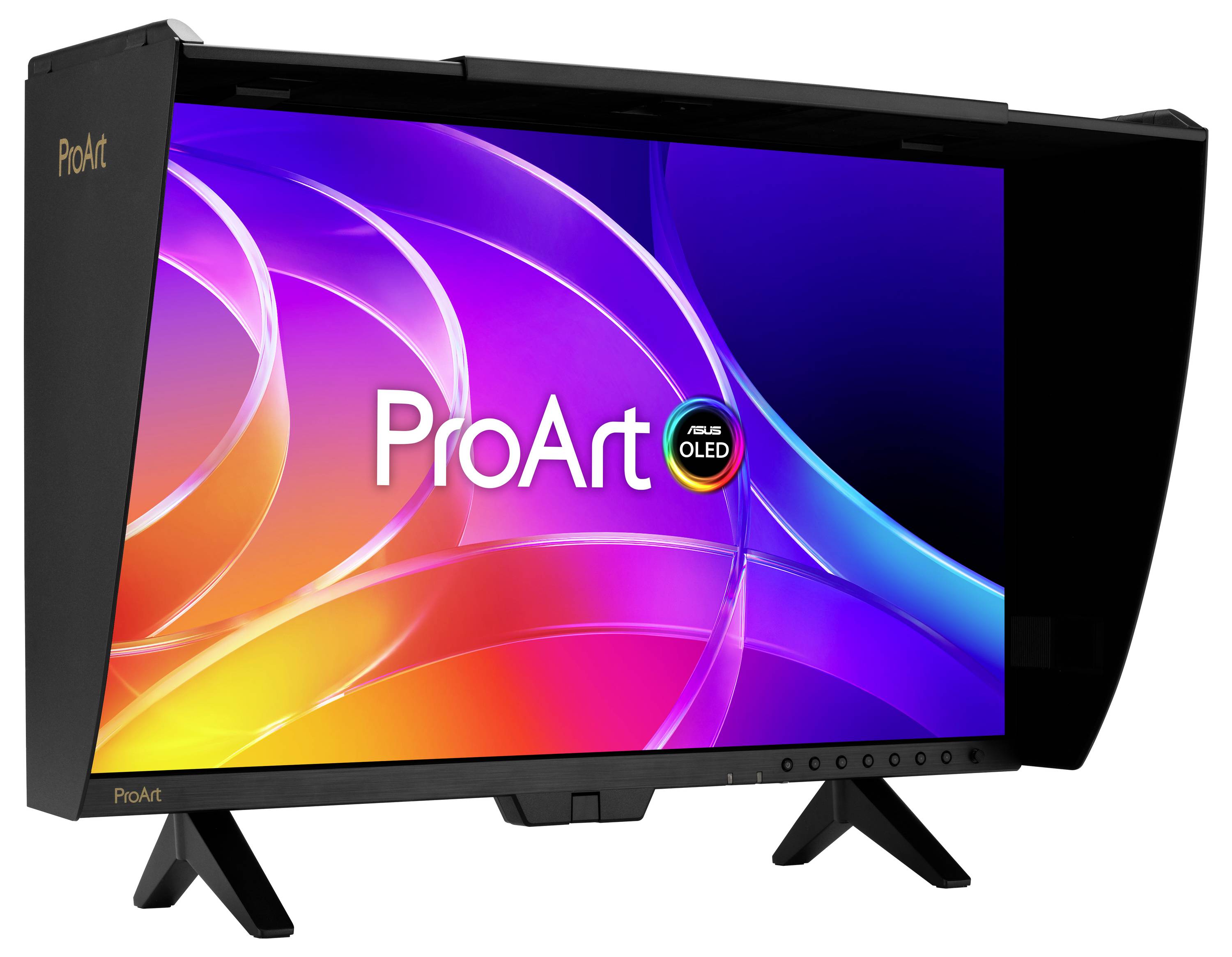 Černý monitor ASUS ProArt OLED nakloněný na stojanu, zobrazující živý vícebarevný abstraktní displej s brandingem "ProArt" na obrazovce.
