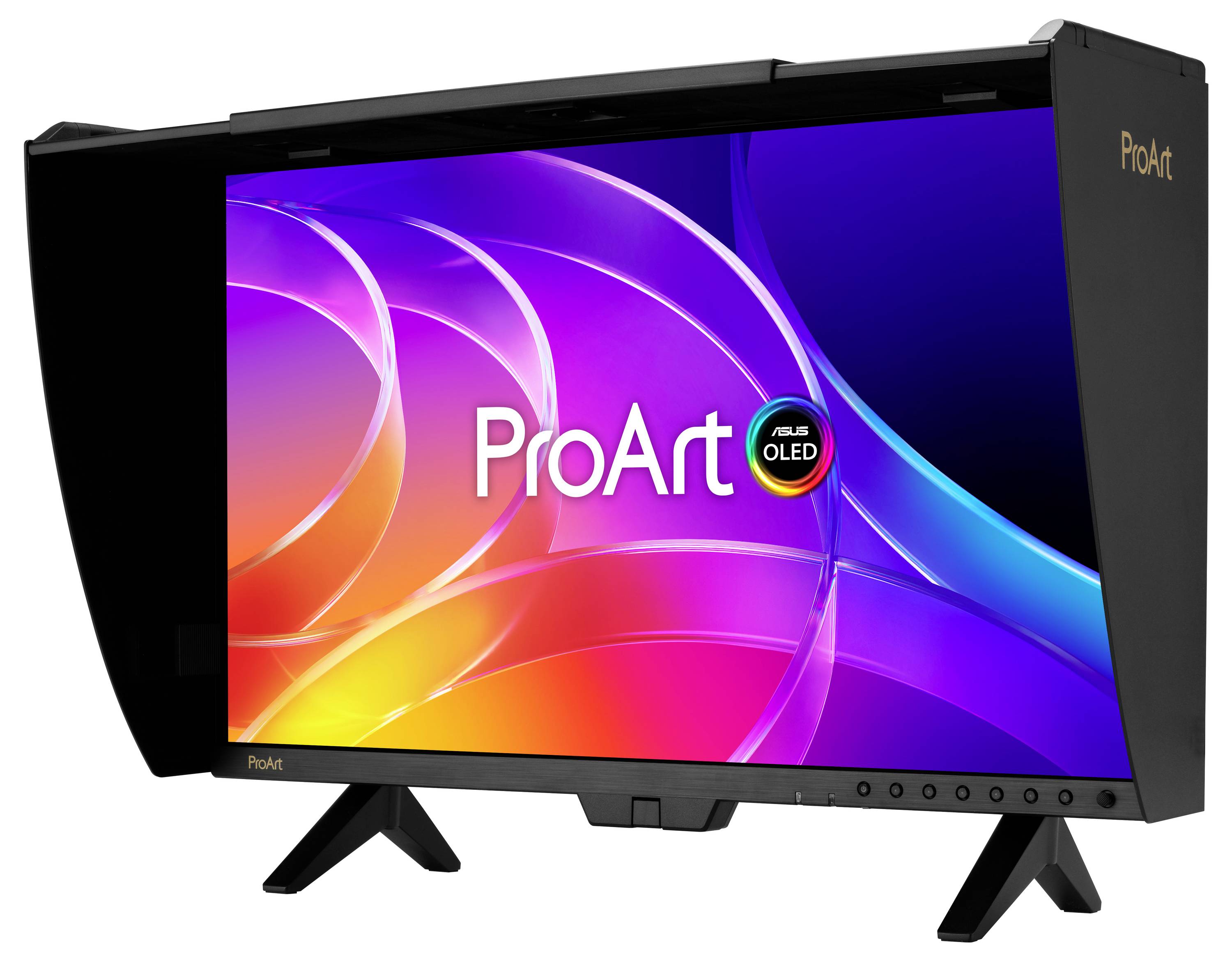 ASUS ProArt OLED monitor zobrazený na stojanu s barevným abstraktním zobrazením a značkou ProArt na rámečku a bočním panelu.